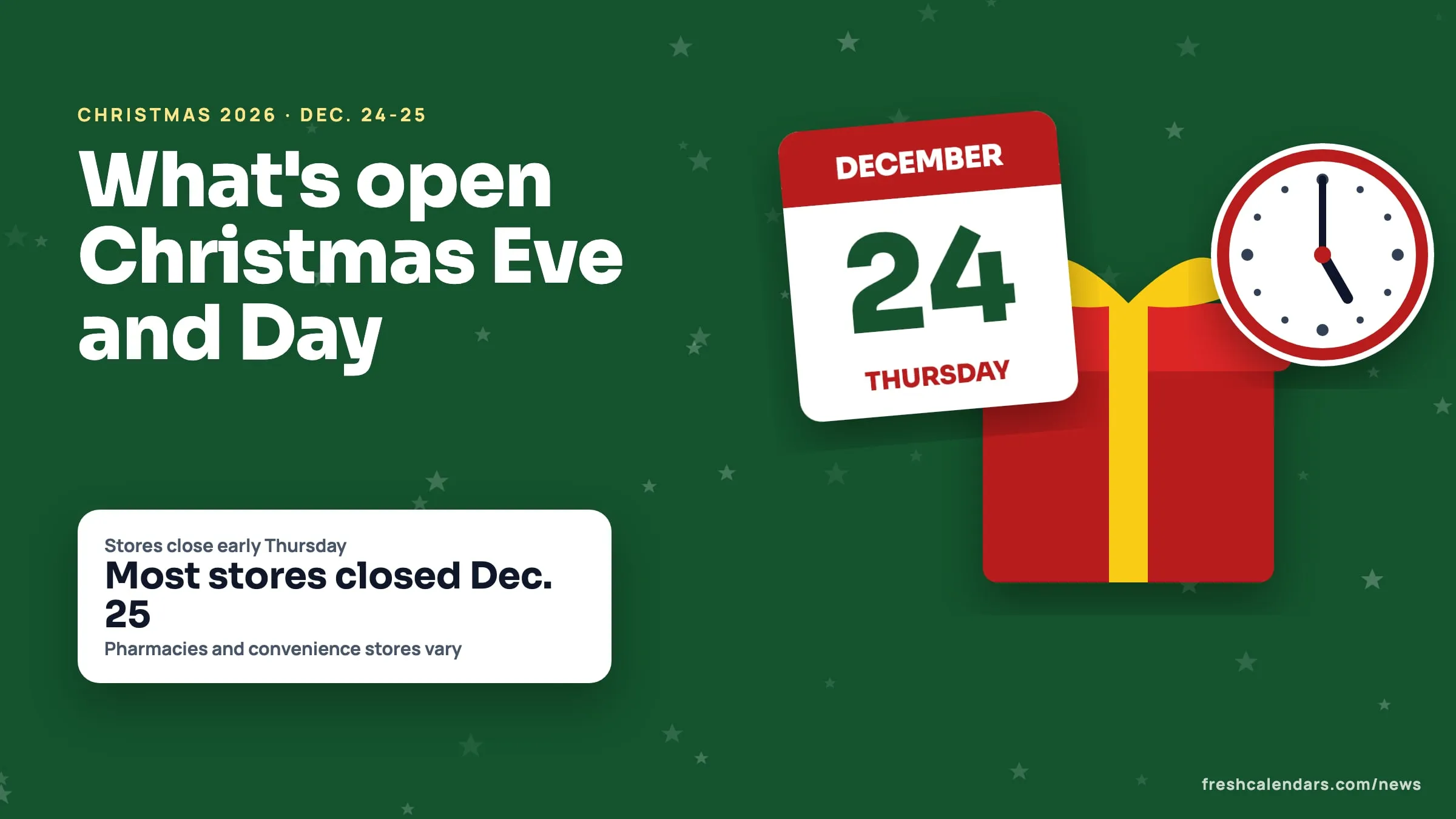 Christmas Eve and Christmas Day 2026 Store Hours: What Closes Early on Dec. 24 and What Is Open on Dec. 25 Christmas Eve 2026 store hours: a gift box and a calendar page for Thursday, Dec. 24, beside a clock at 5 o'clock