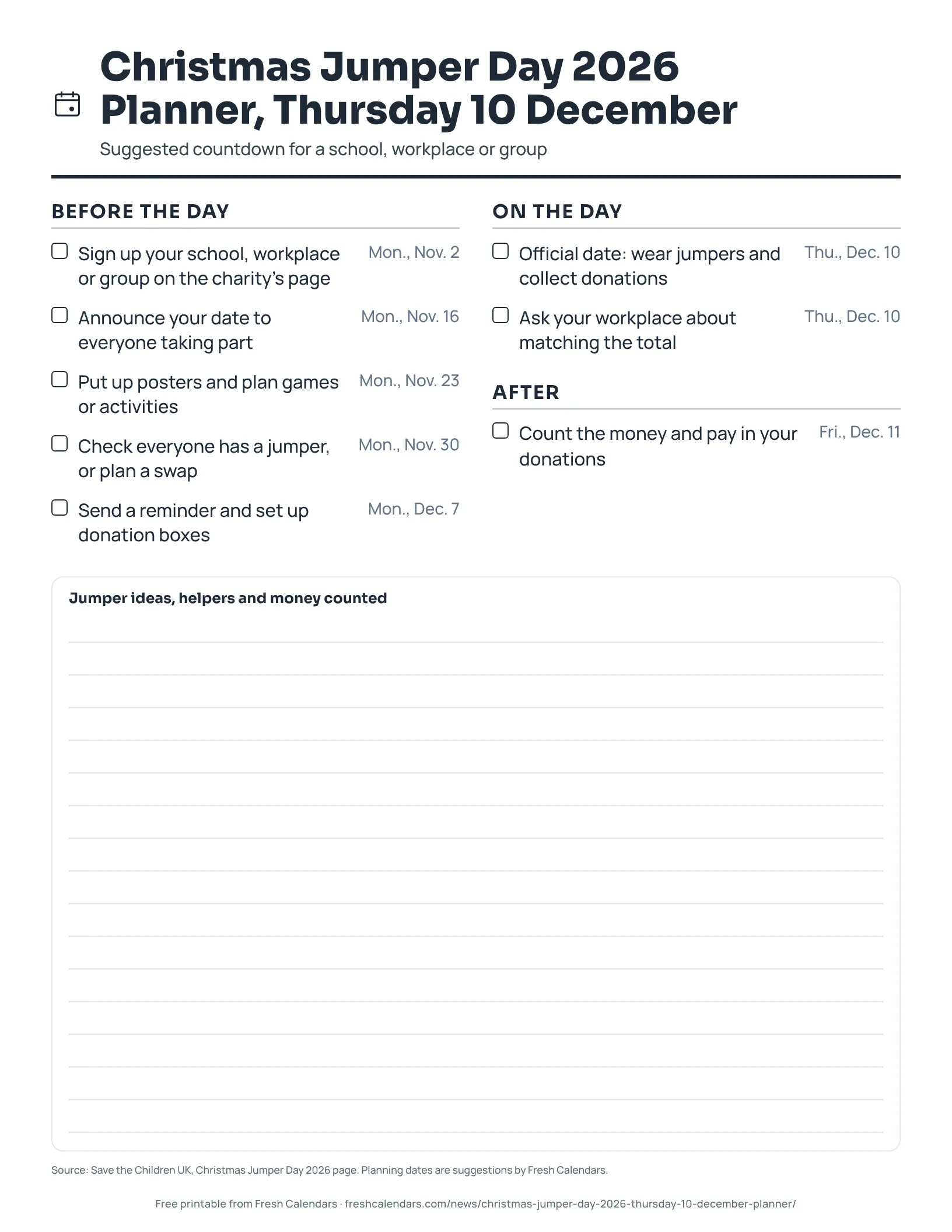 Christmas Jumper Day 2026 Planner, Thursday 10 December (ink saver) Printable Christmas Jumper Day 2026 planner: checklist of suggested dates, Nov. 2 to Dec. 11, and the official date, Dec. 10, ink-saver version