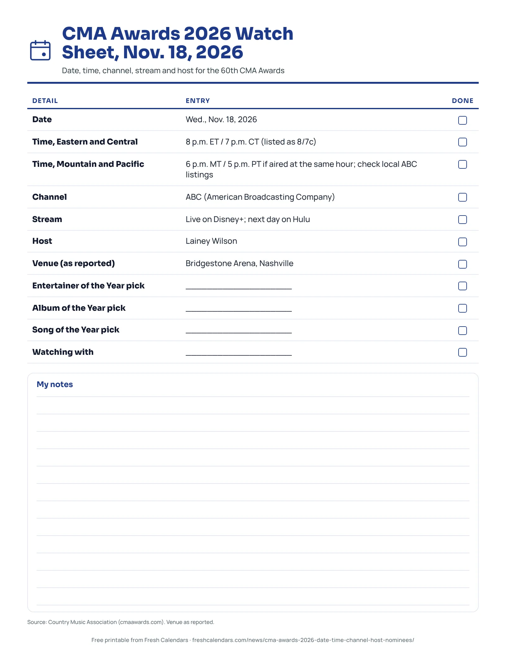 CMA Awards 2026 Watch Sheet, Nov. 18, 2026 Printable CMA Awards 2026 watch sheet with date, time, channel, stream and host