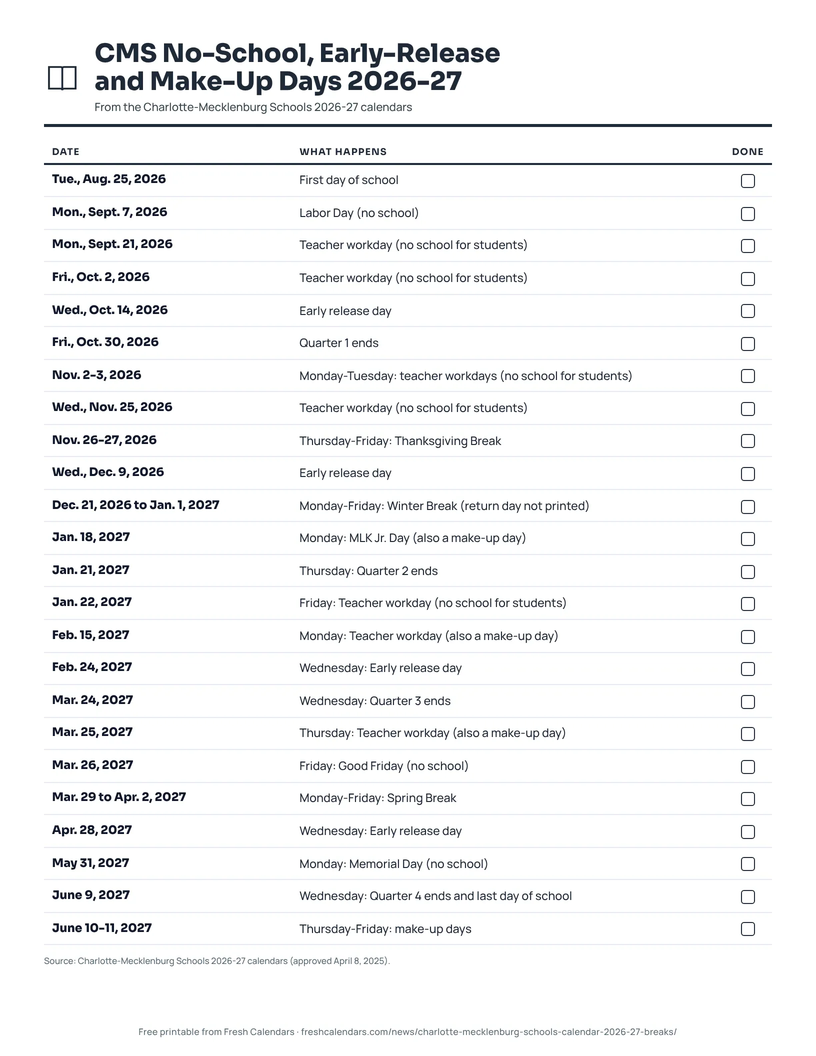CMS No-School, Early-Release and Make-Up Days 2026-27 (ink saver) CMS 2026-27 printable list of no-school, early-release and make-up days, ink-saver version