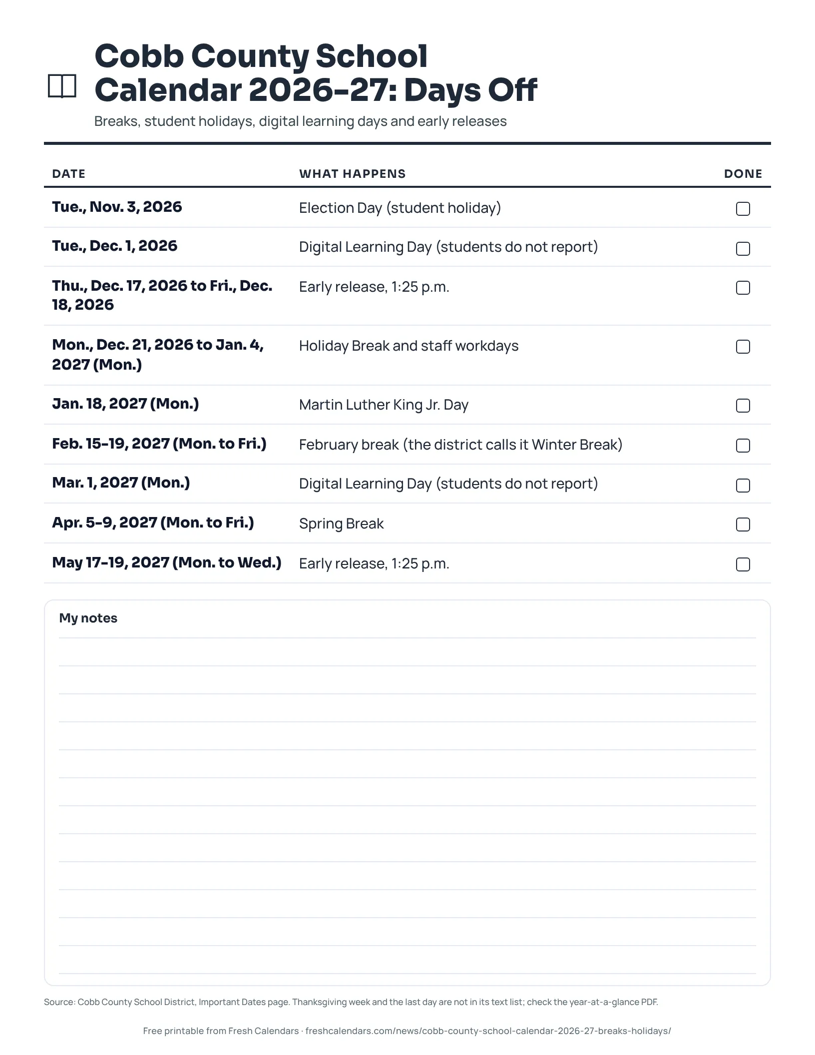 Cobb County School Calendar 2026-27: Days Off (ink saver) Cobb County School District 2026-27 printable list of breaks, student holidays, digital learning days and early releases, ink-saver version