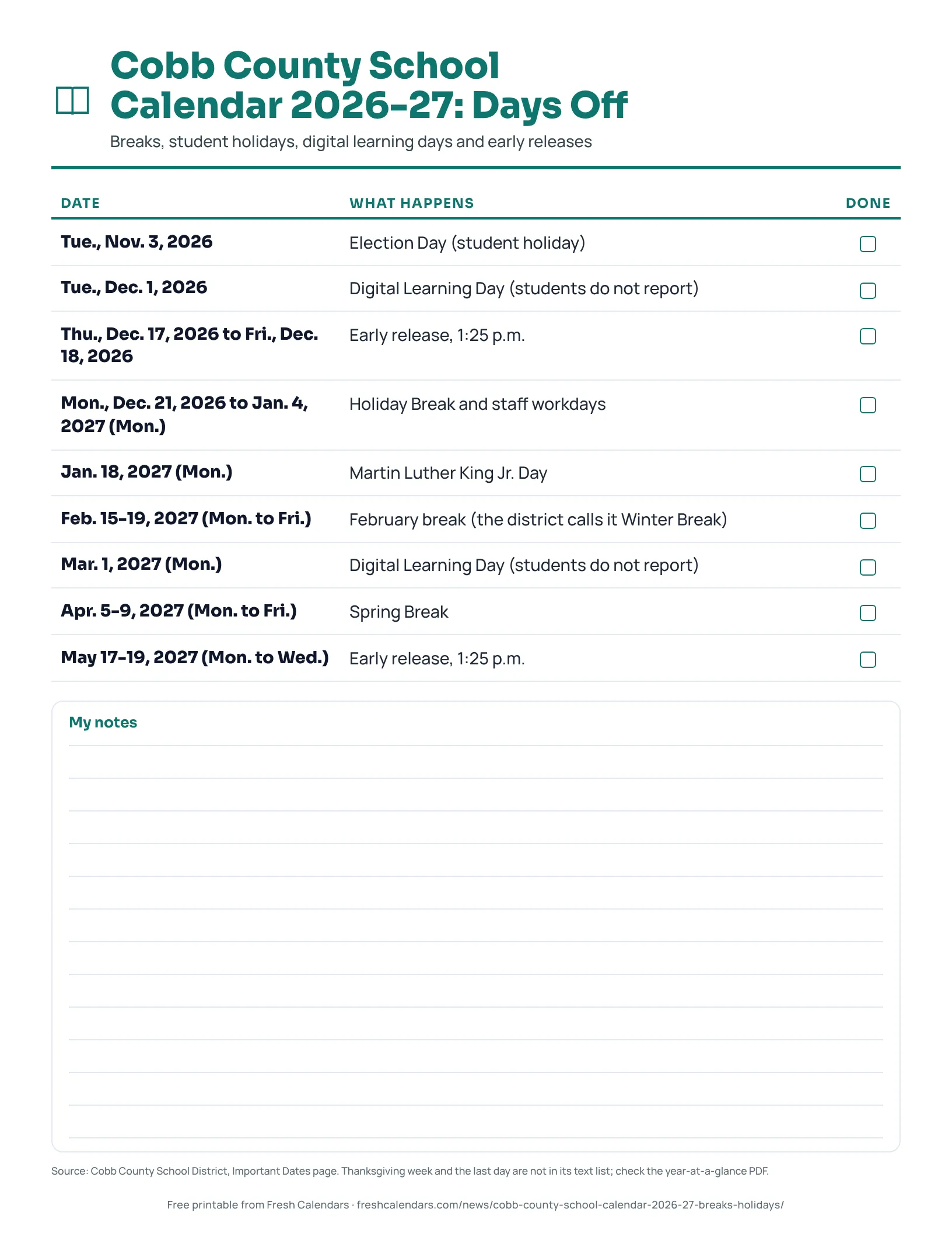 Cobb County School Calendar 2026-27: Days Off Cobb County School District 2026-27 printable list of breaks, student holidays, digital learning days and early releases