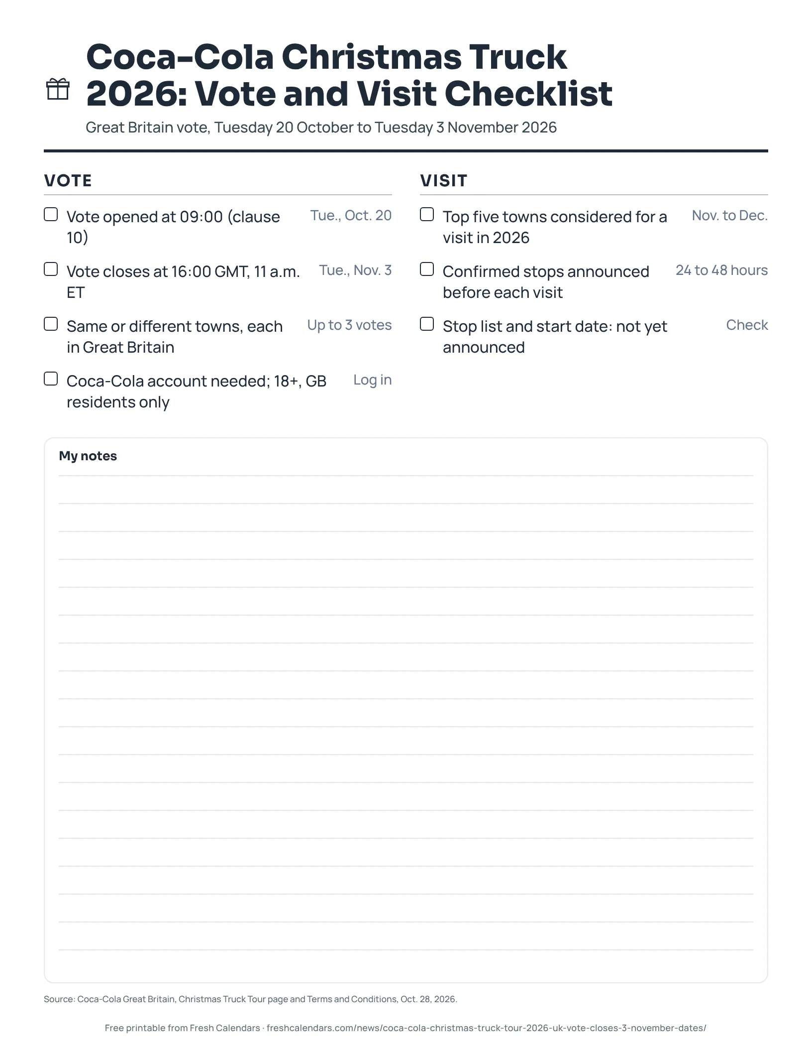 Printable checklist for the Coca-Cola Christmas Truck 2026 vote and visit in Great Britain., ink-saver version