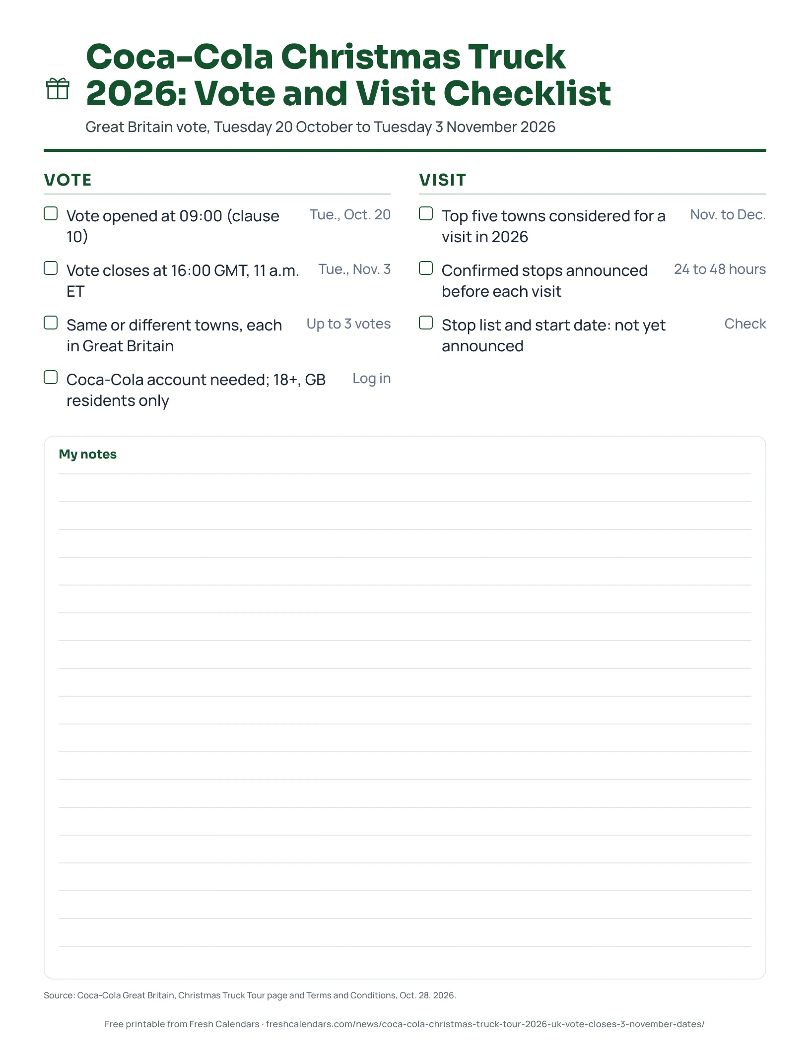 Printable checklist for the Coca-Cola Christmas Truck 2026 vote and visit in Great Britain.
