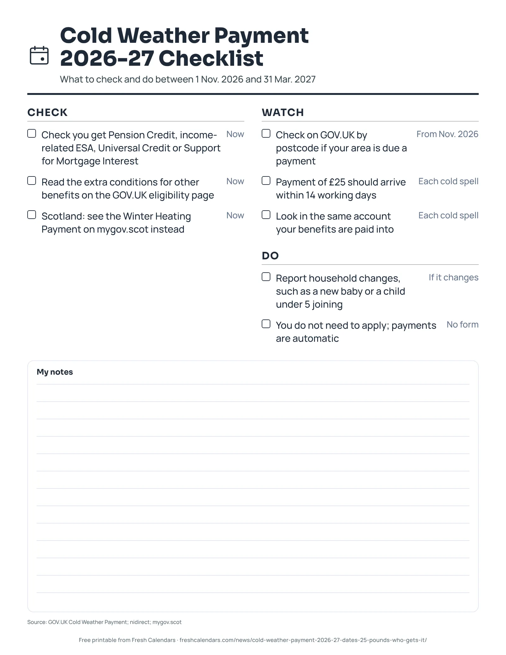 Printable Cold Weather Payment 2026-27 checklist of what to check and do between 1 November 2026 and 31 March 2027, ink-saver version