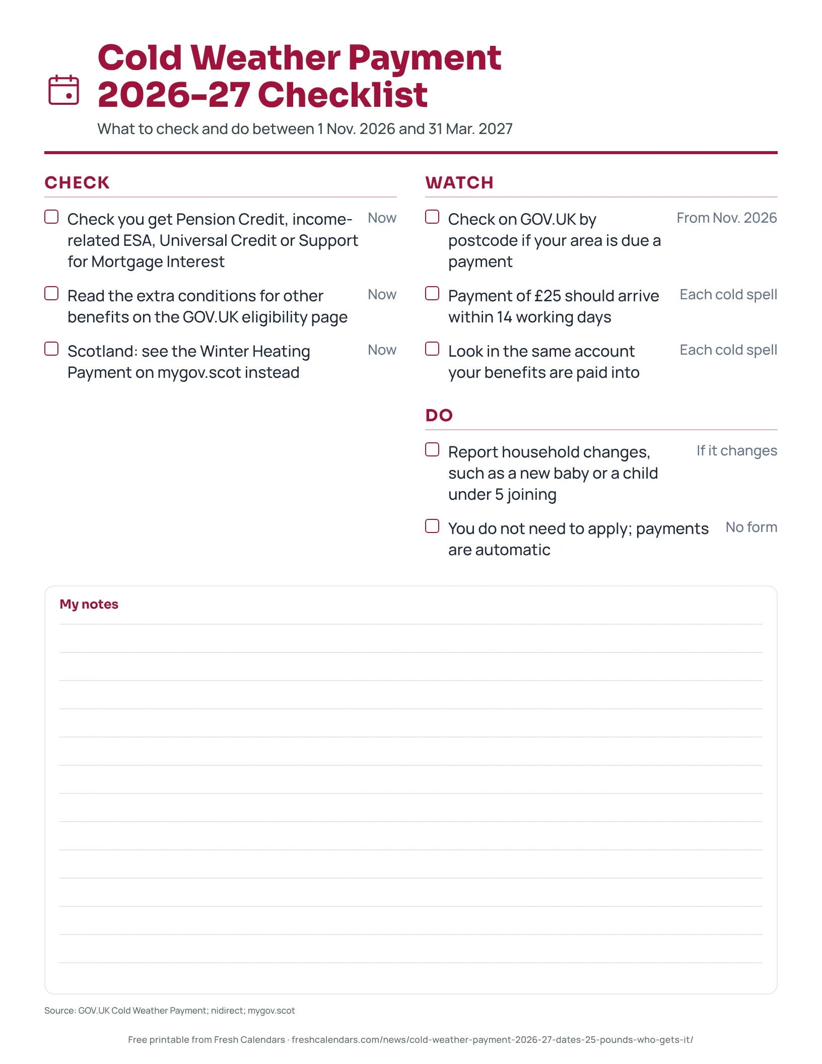 Printable Cold Weather Payment 2026-27 checklist of what to check and do between 1 November 2026 and 31 March 2027