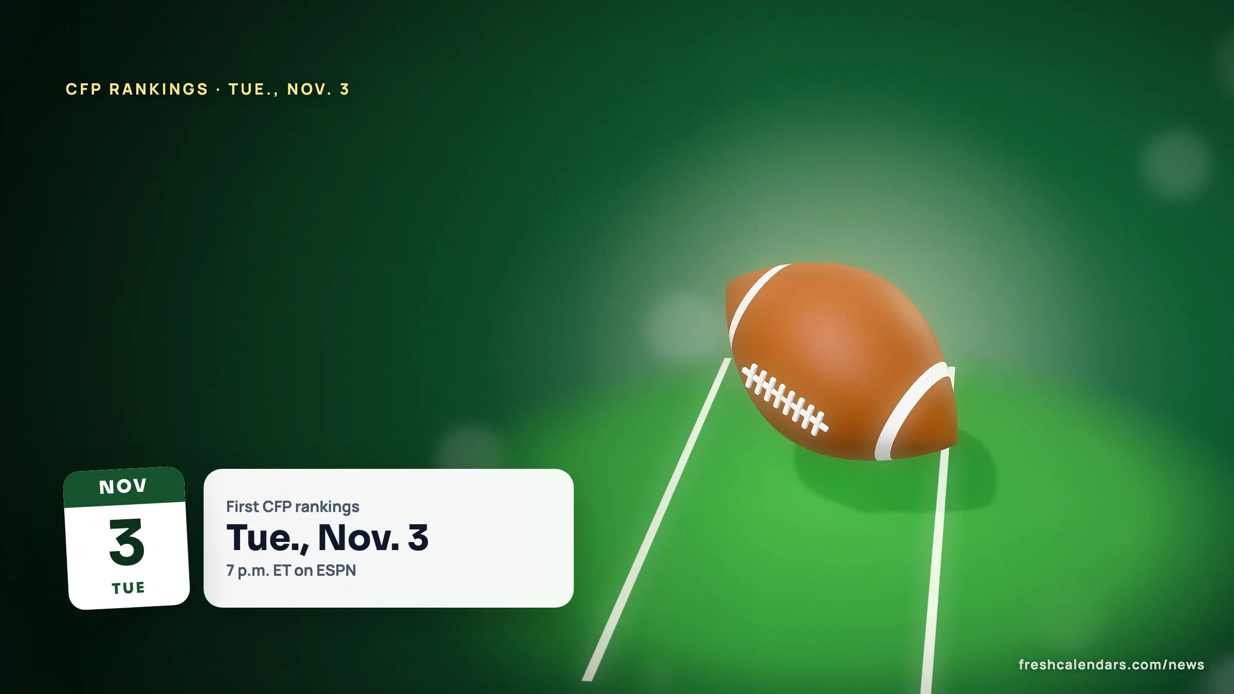 College Football Playoff rankings 2026 schedule: a football beside a date tile for Tuesday, Nov. 3 and a card reading first CFP rankings at 7 p.m. ET on ESPN