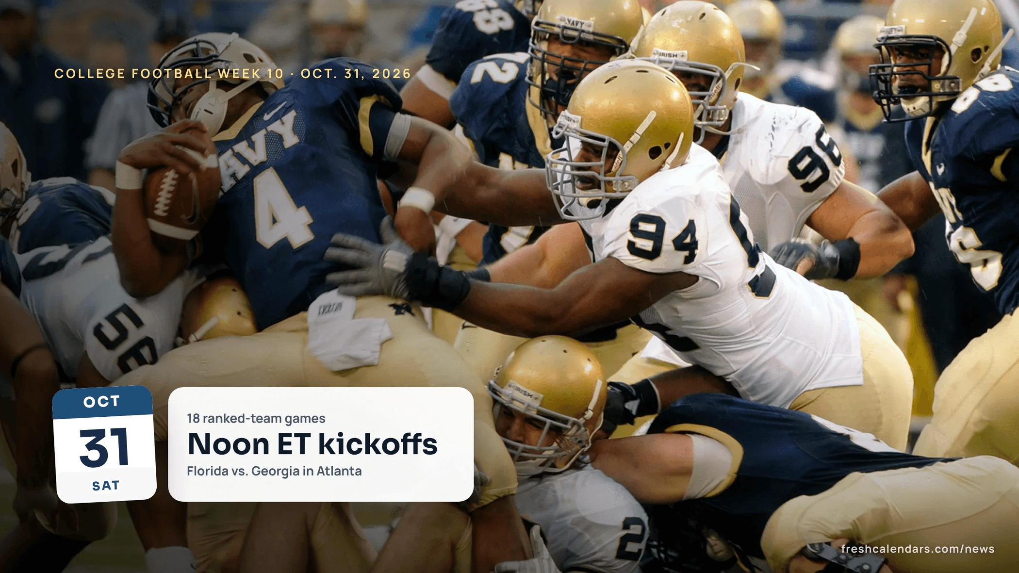 College football Week 10 schedule 2026: Navy and Notre Dame players pile up at the line in a 2008 game
