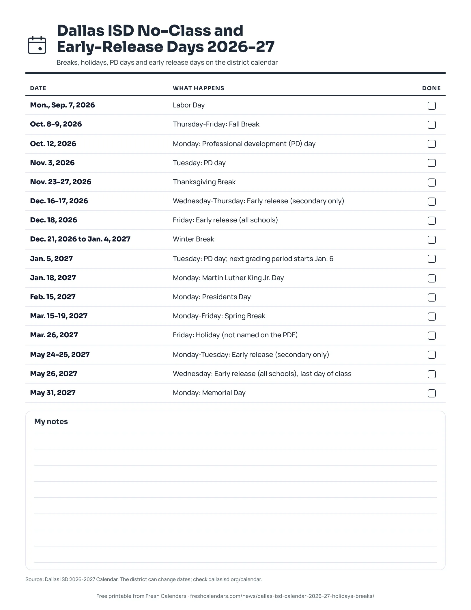 Dallas ISD No-Class and Early-Release Days 2026-27 (ink saver) Dallas ISD 2026-27 printable list of no-class days, breaks and early release days, ink-saver version