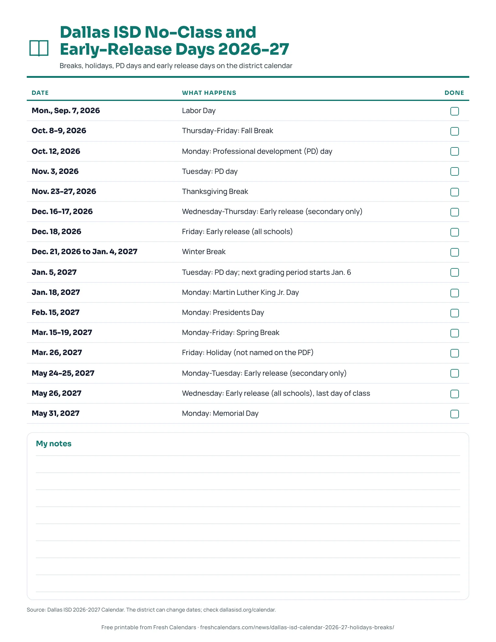 Dallas ISD No-Class and Early-Release Days 2026-27 Dallas ISD 2026-27 printable list of no-class days, breaks and early release days