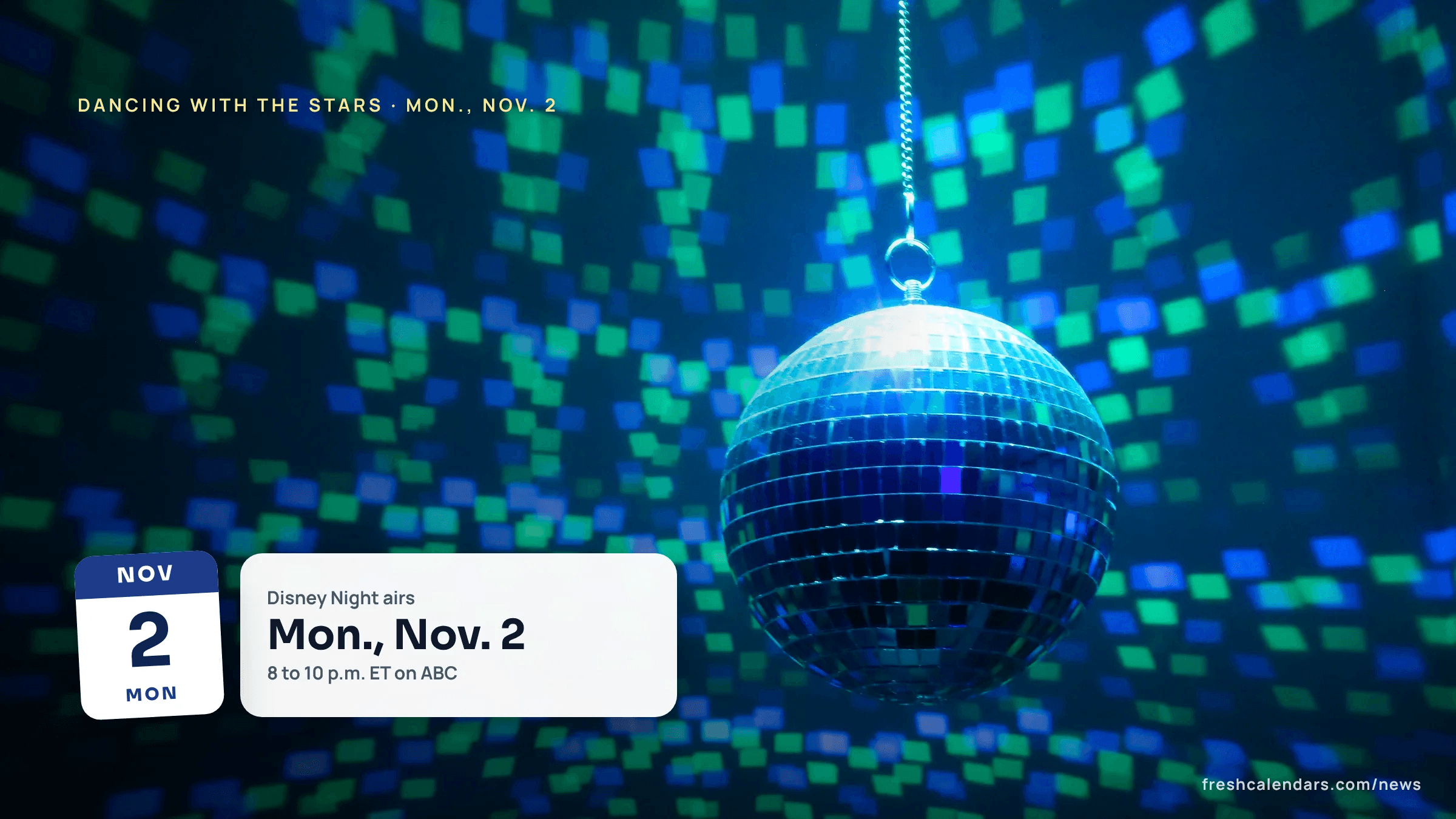 Dancing with the Stars schedule 2026: a mirrored disco ball turning in blue light