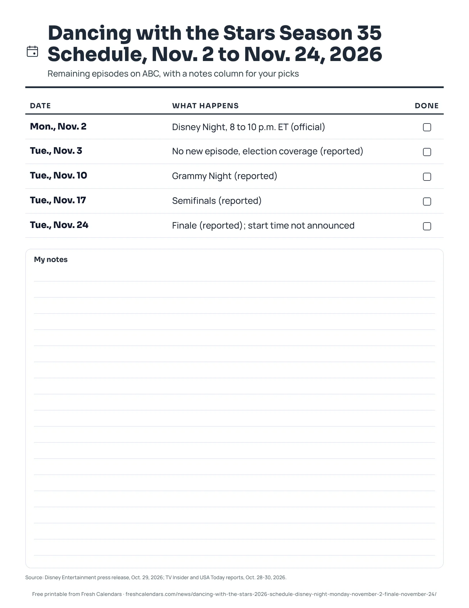 Dancing with the Stars Season 35 schedule printable listing five dates from Nov. 2 to Nov. 24, 2026, ink-saver version