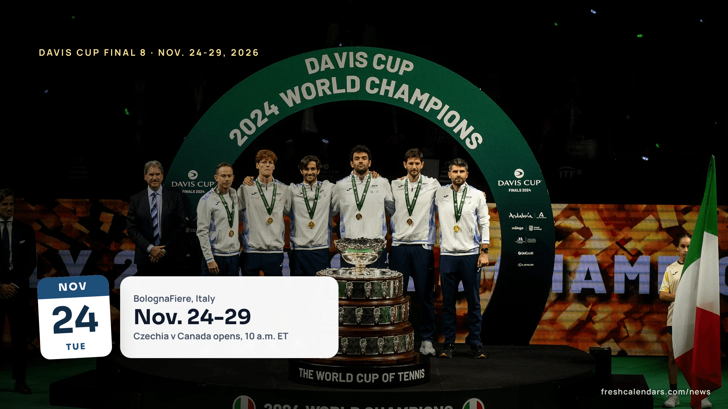 Davis Cup Final 8 2026: Italy's team with the Davis Cup trophy after winning the 2024 title in Malaga, Spain