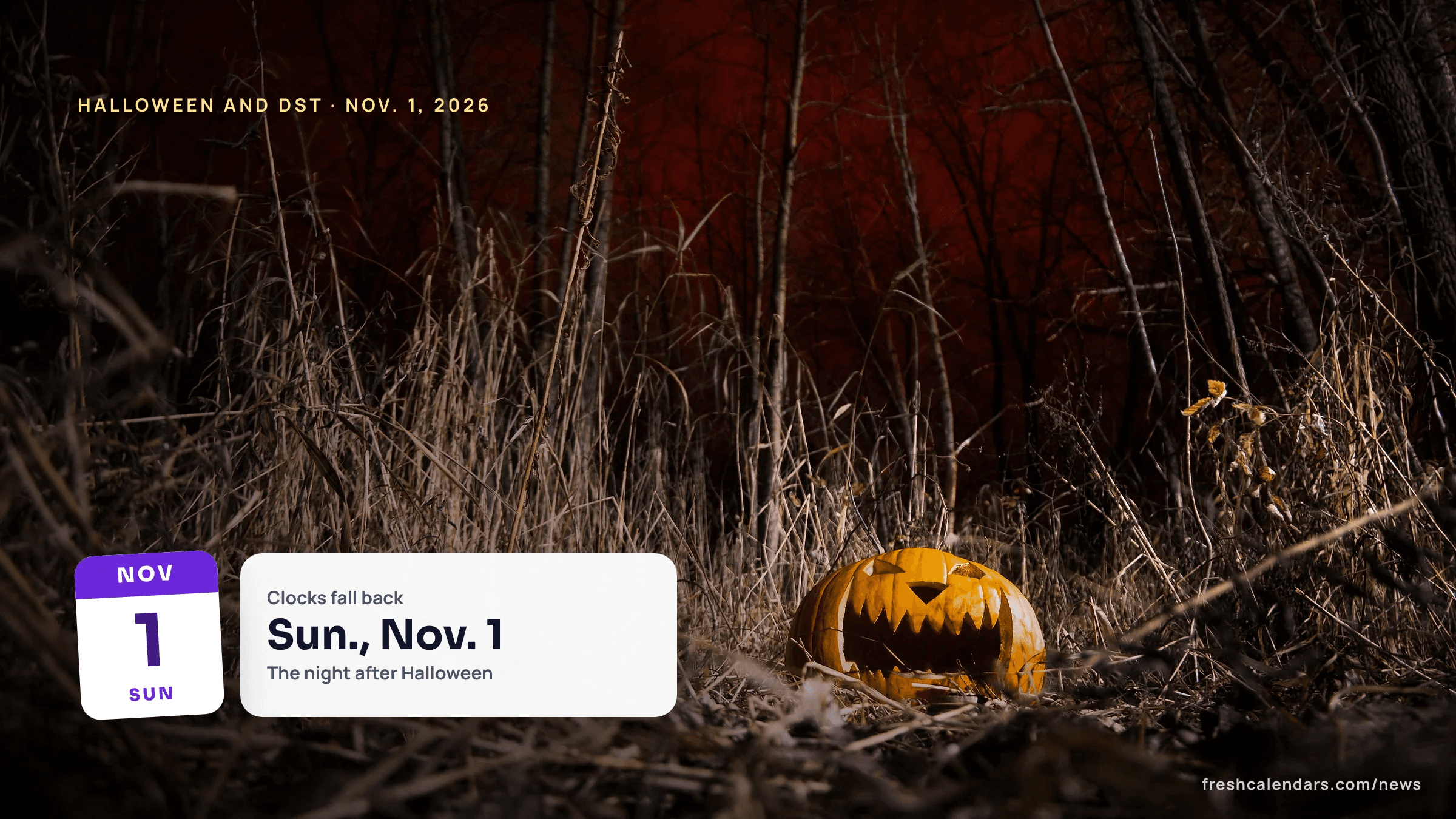 Daylight saving time and Halloween 2026: a carved jack-o'-lantern in tall grass at night