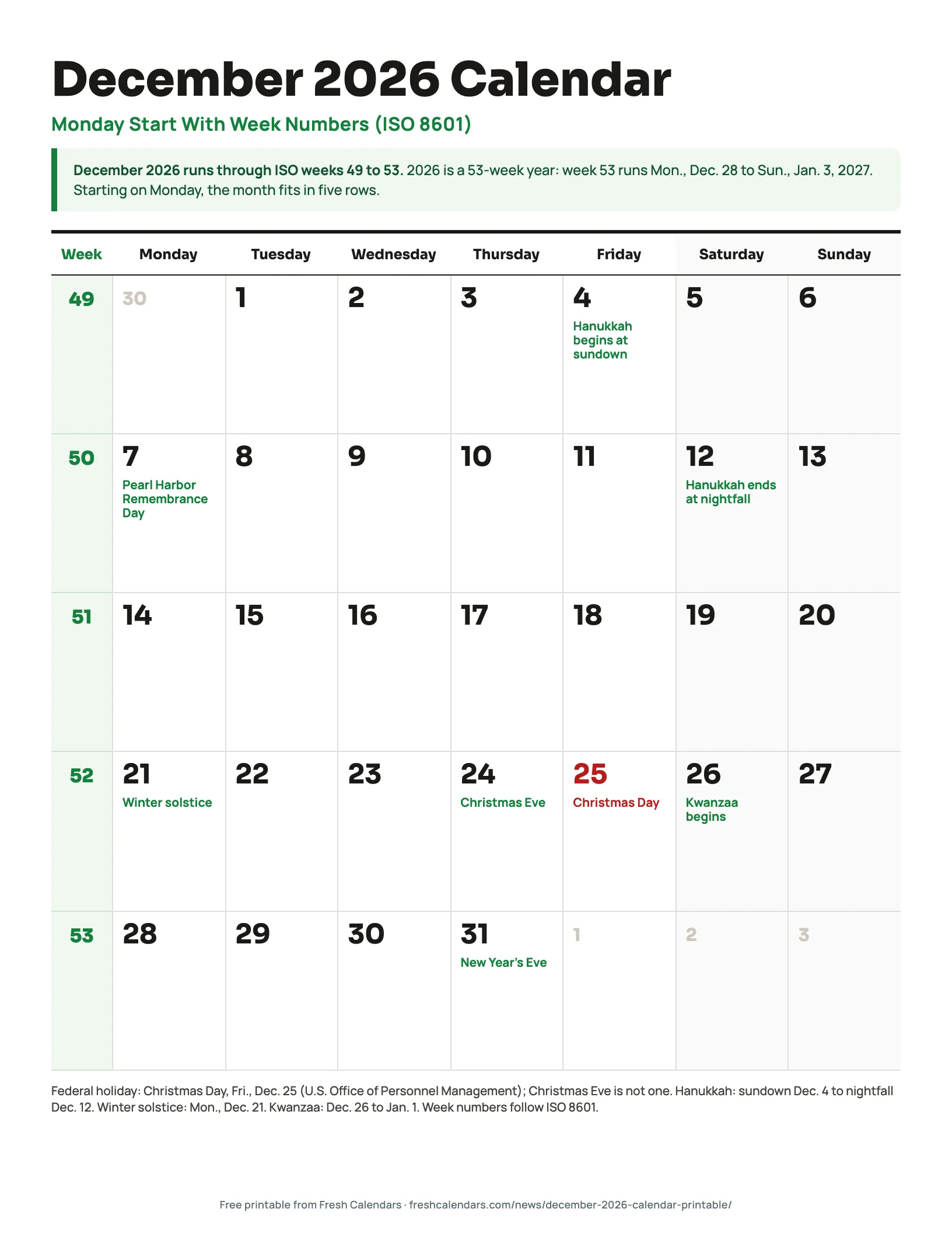 December 2026 calendar Monday start with ISO week numbers 49 to 53 in a green column