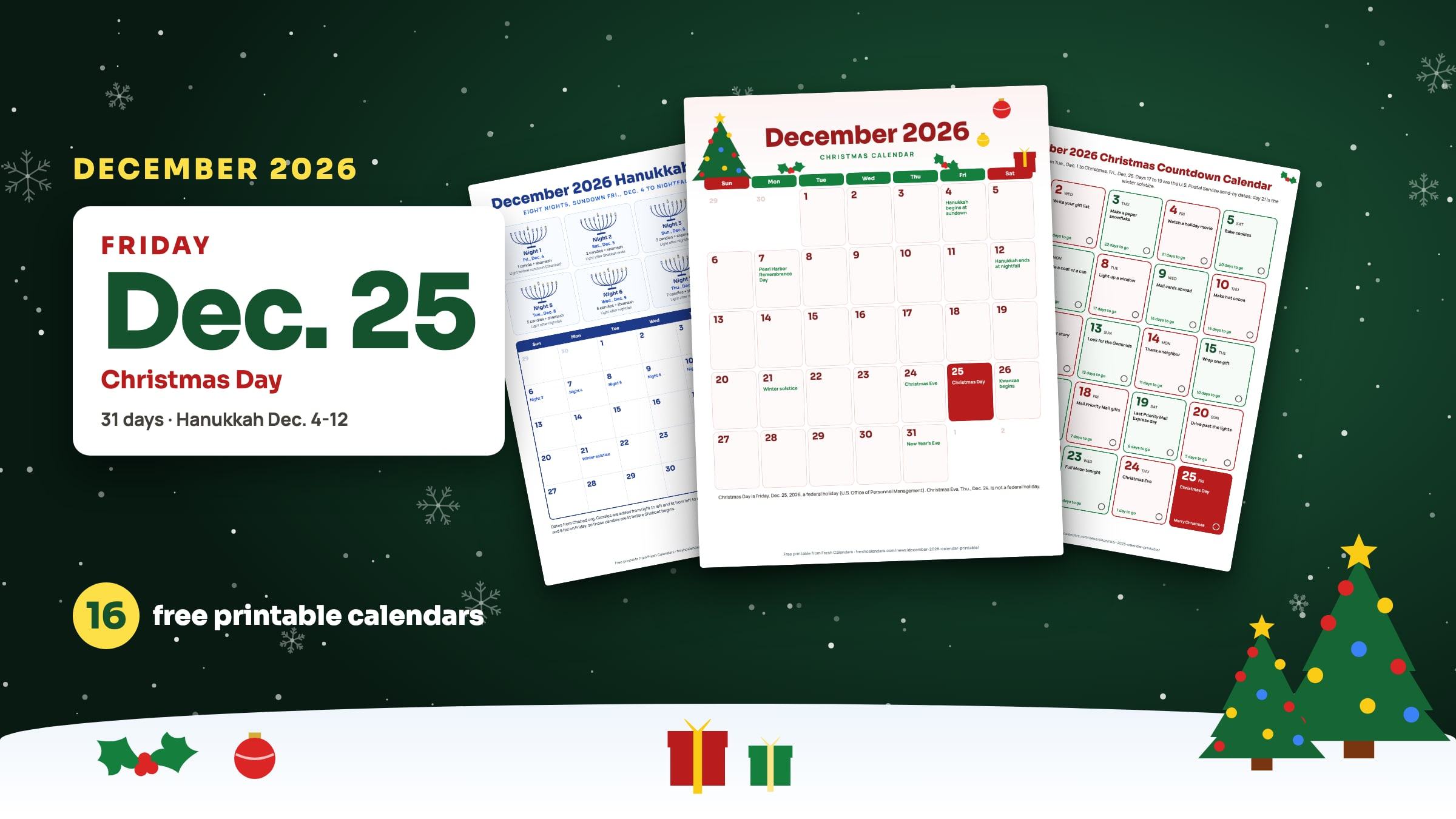 December 2026 calendar printables: Hanukkah, Christmas and Christmas countdown sheets fanned out beside a Friday, Dec. 25 Christmas Day tile