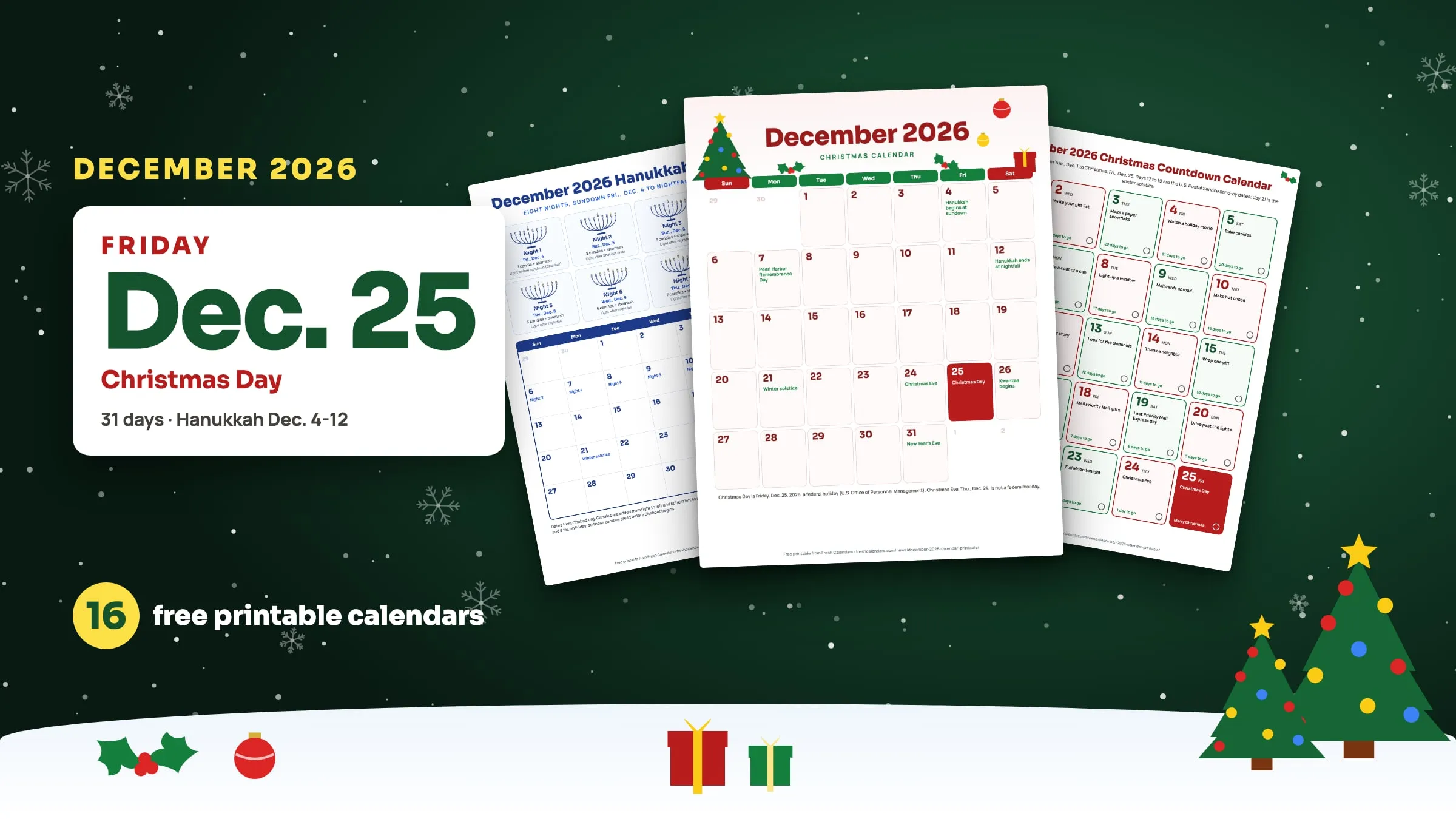December 2026 calendar printables: Hanukkah, Christmas and Christmas countdown sheets fanned out beside a Friday, Dec. 25 Christmas Day tile
