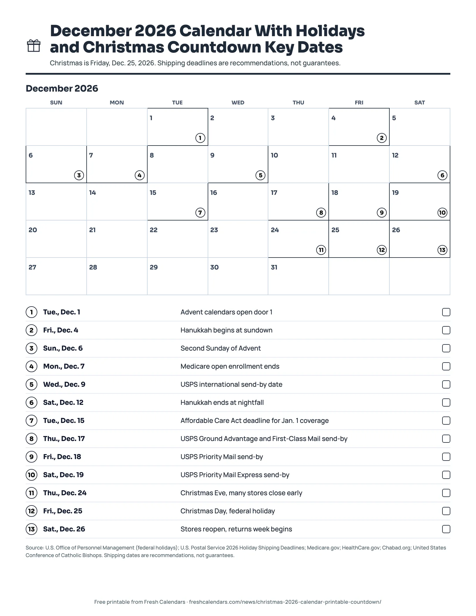 December 2026 Calendar With Holidays and Christmas Countdown Key Dat (ink saver) December 2026 calendar printable with Christmas Day Dec. 25, Hanukkah, Advent Sundays and USPS shipping deadlines marked, ink-saver version