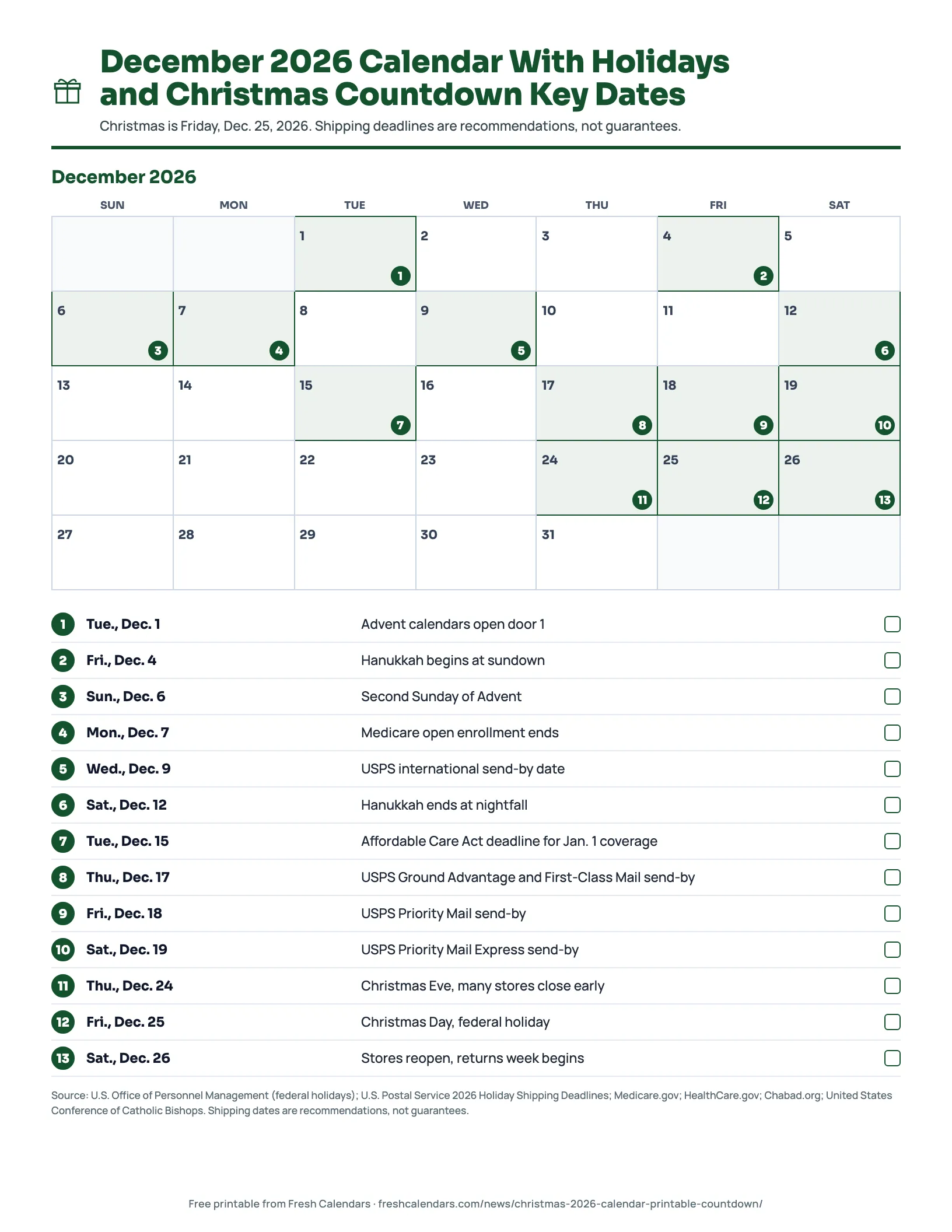 December 2026 Calendar With Holidays and Christmas Countdown Key Dates December 2026 calendar printable with Christmas Day Dec. 25, Hanukkah, Advent Sundays and USPS shipping deadlines marked