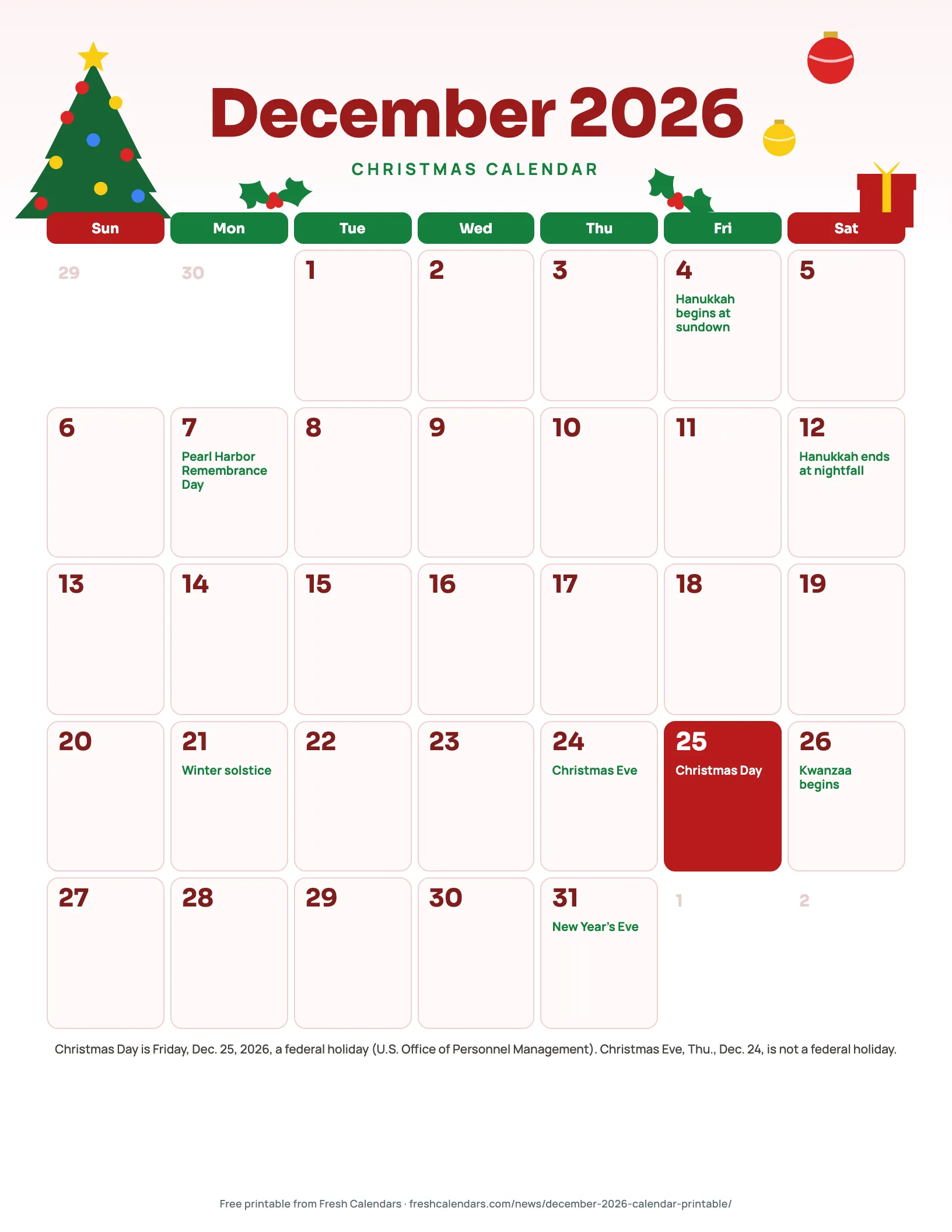 December 2026 Christmas calendar printable with a drawn Christmas tree, holly and ornaments and Dec. 25 in red