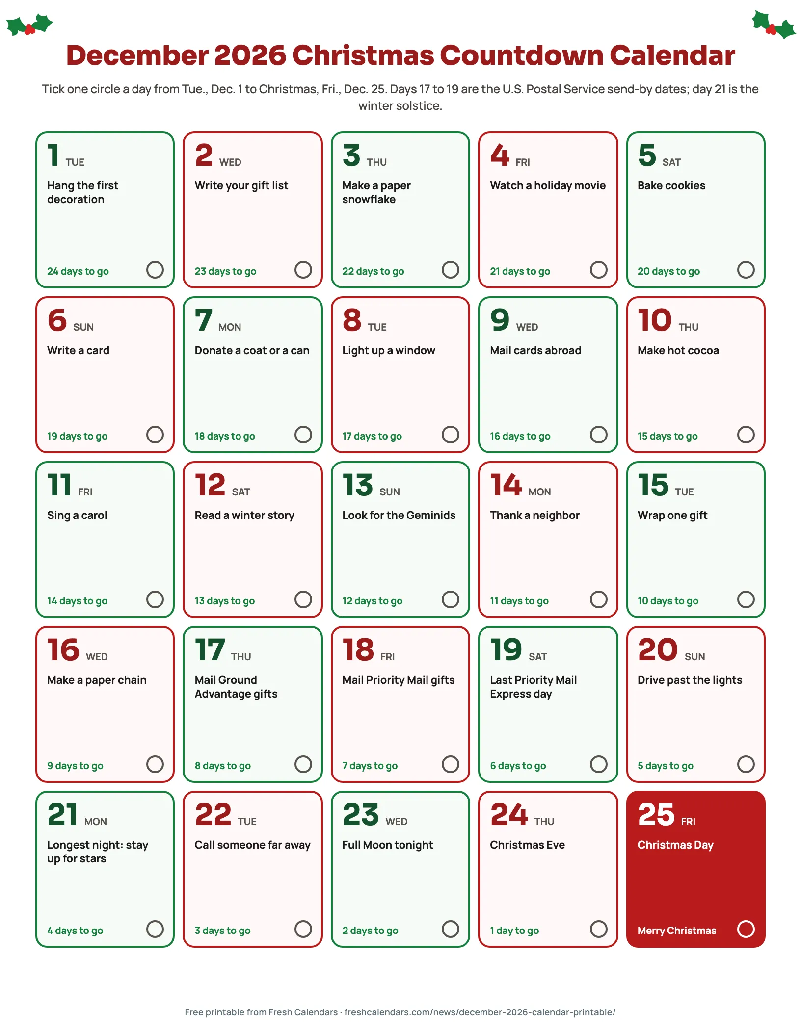December 2026 Christmas countdown calendar printable with 25 numbered boxes from Dec. 1 to Dec. 25