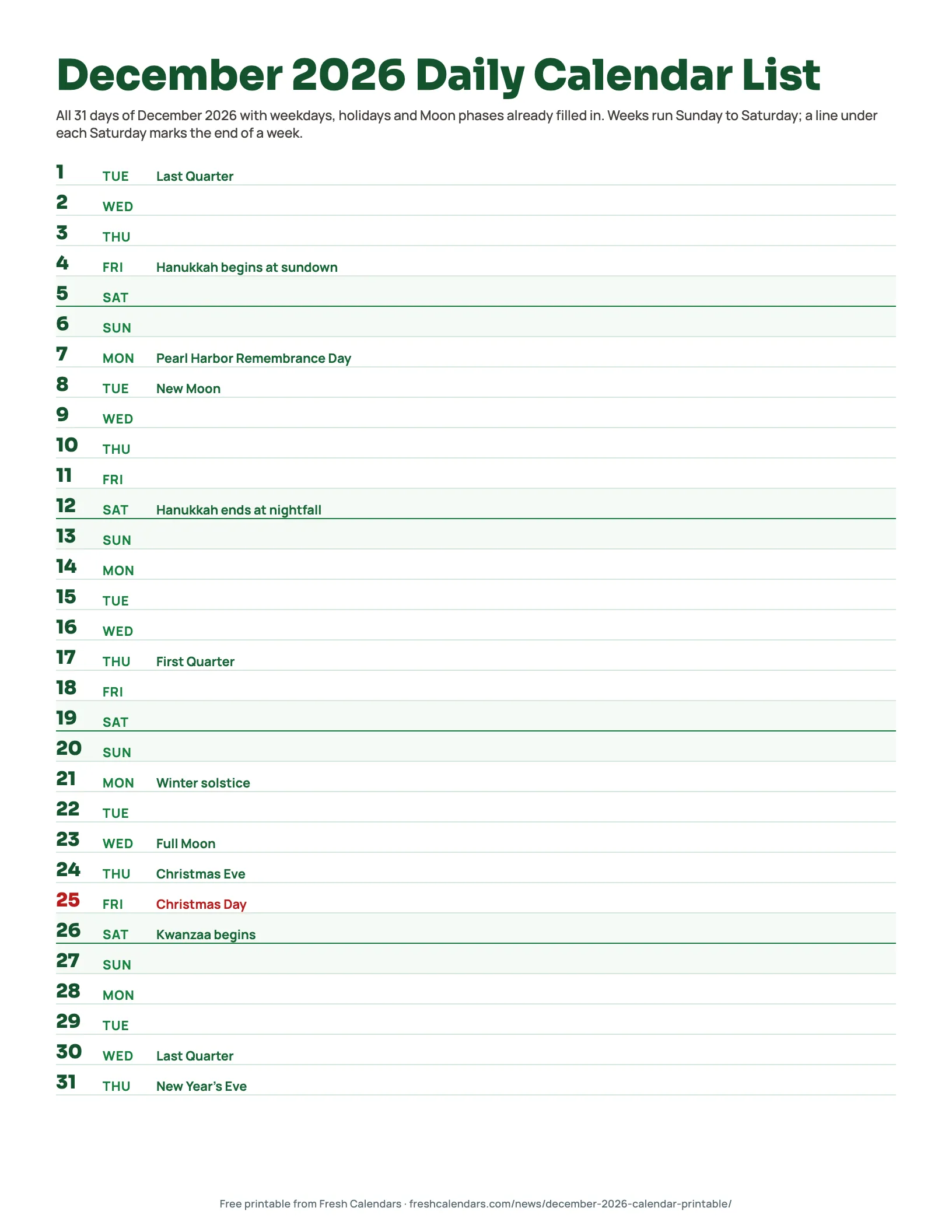December 2026 daily calendar list printable with one line for each of the 31 days
