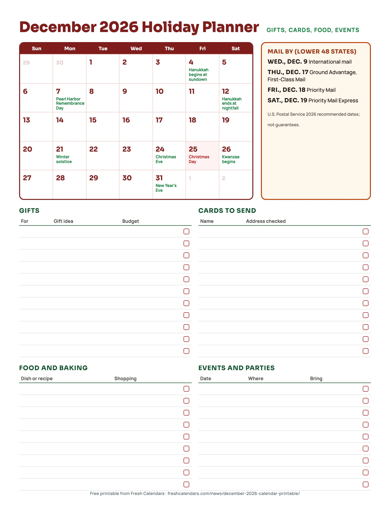 December 2026 holiday planner printable with gift list, cards to send, food and events lists and USPS mailing dates