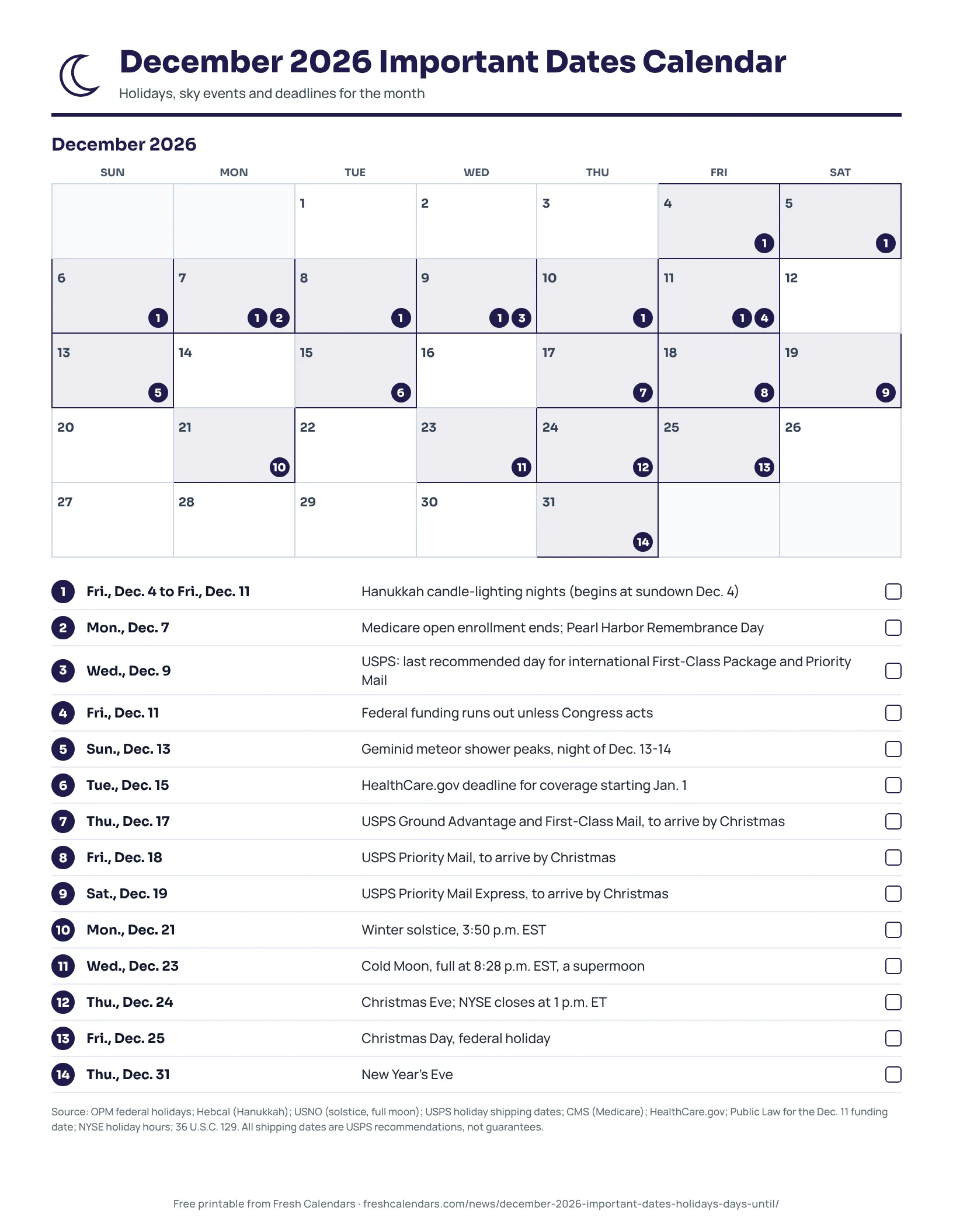 December 2026 Important Dates Calendar December 2026 important dates calendar printable with Hanukkah, the winter solstice, Christmas and shipping and enrollment deadlines marked