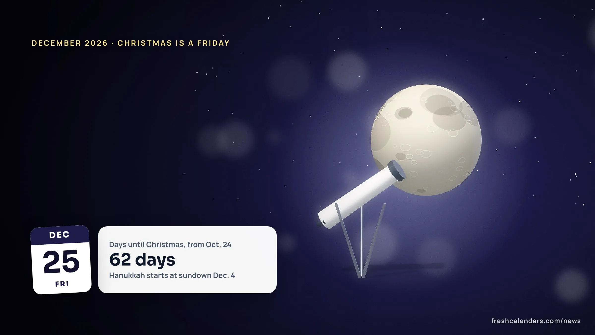December 2026 calendar with holidays: a telescope aimed at a full moon on a starry night beside a Friday, Dec. 25 date card