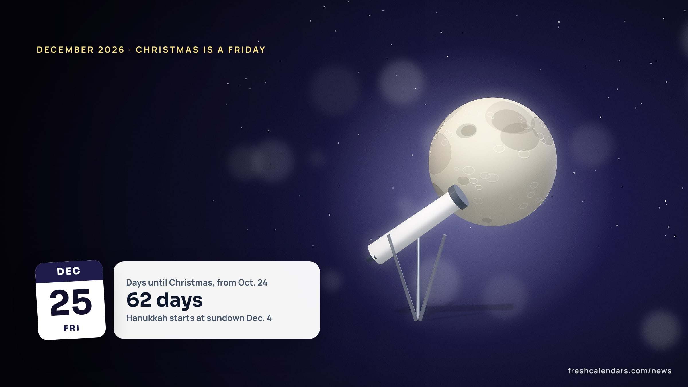December 2026 calendar with holidays: a telescope aimed at a full moon on a starry night beside a Friday, Dec. 25 date card
