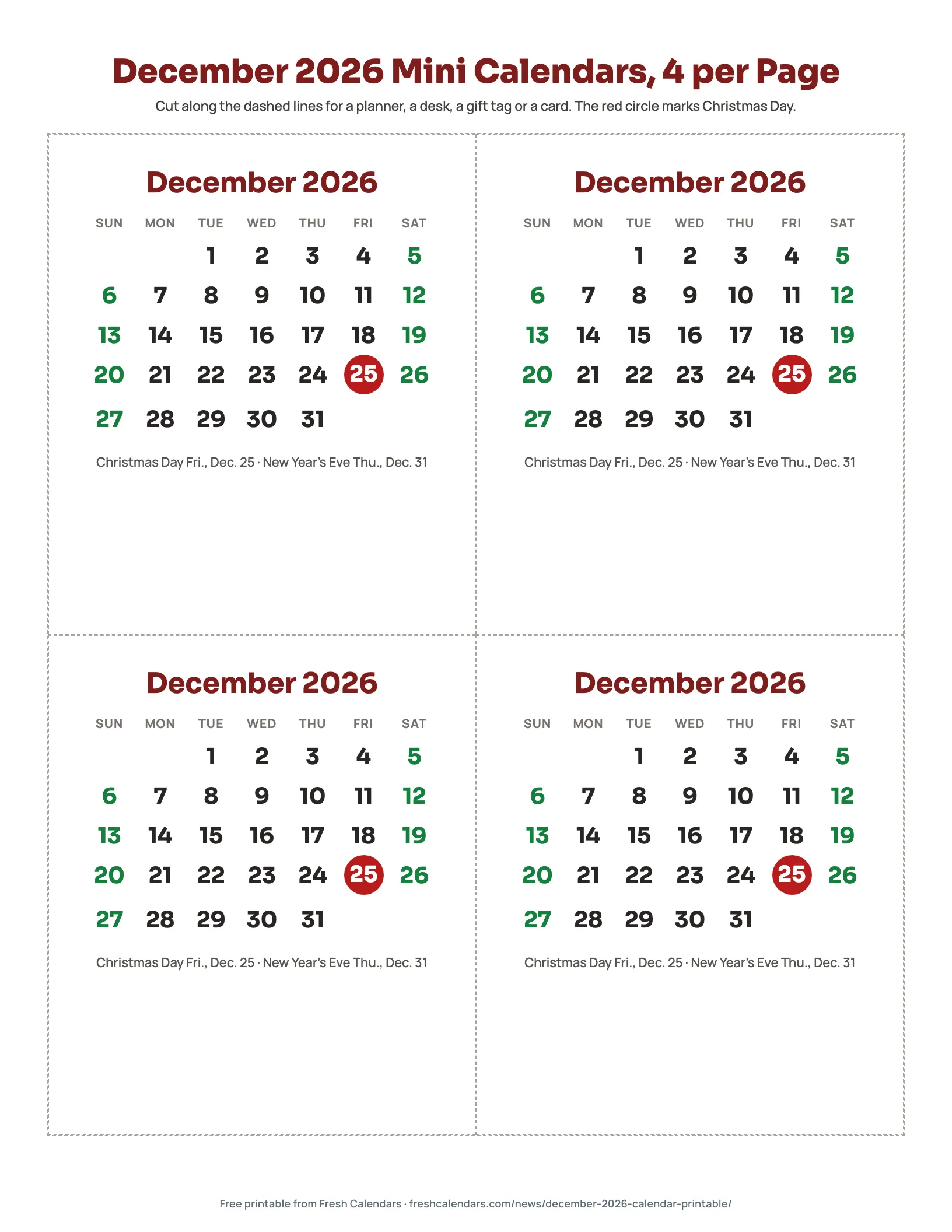 December 2026 mini calendars, four per page, with Christmas Day circled in red