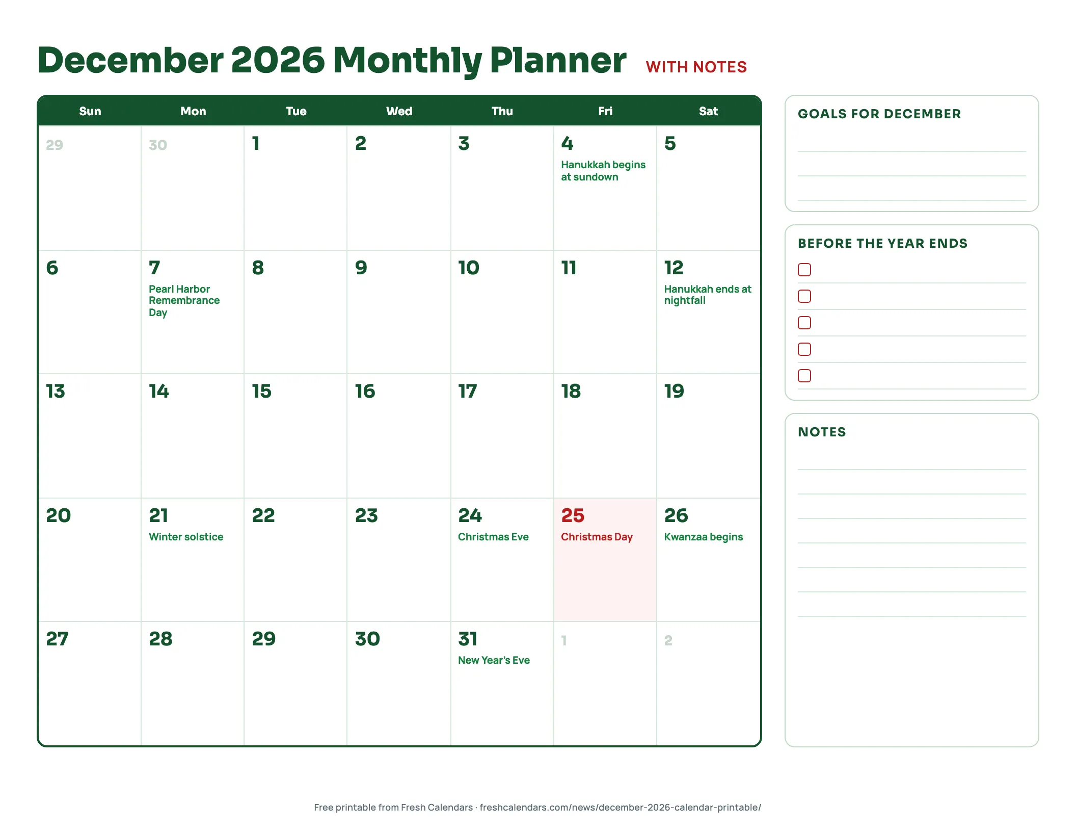 December 2026 monthly planner printable with calendar grid, goals, year-end checkboxes and notes lines