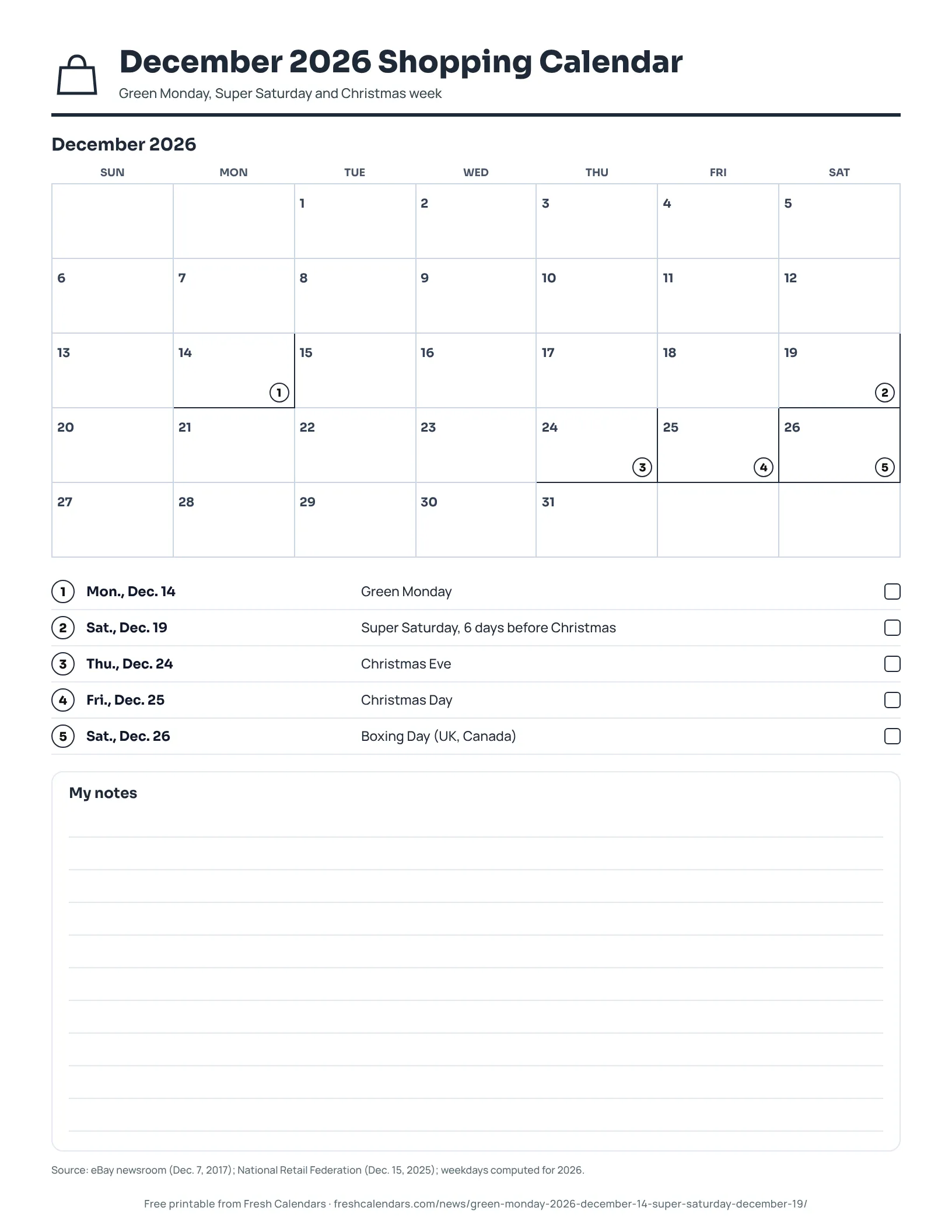 December 2026 Shopping Calendar (ink saver) December 2026 calendar with Green Monday, Super Saturday and Christmas dates marked, ink-saver version