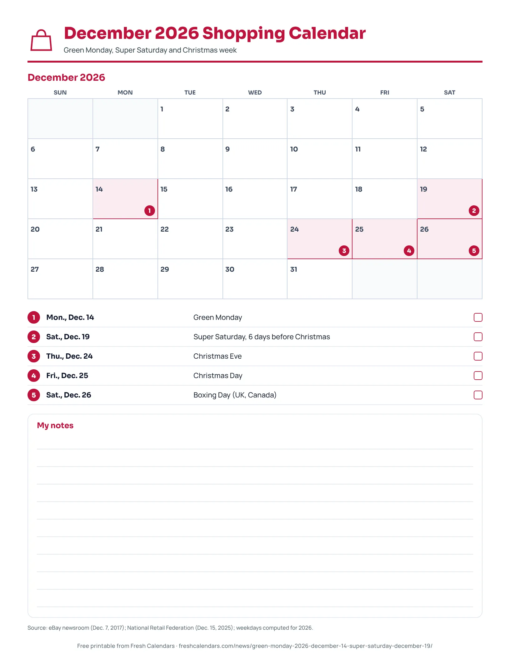 December 2026 Shopping Calendar December 2026 calendar with Green Monday, Super Saturday and Christmas dates marked
