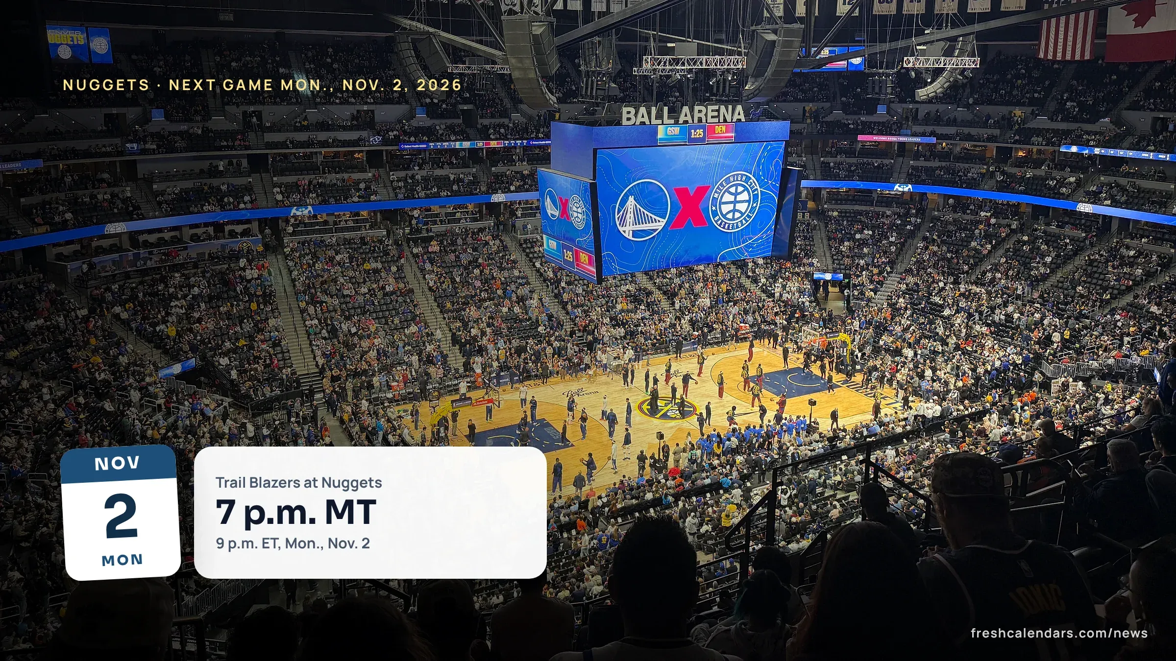 Denver Nuggets schedule November 2026: a Nuggets home game seen from the upper seats at Ball Arena in Denver