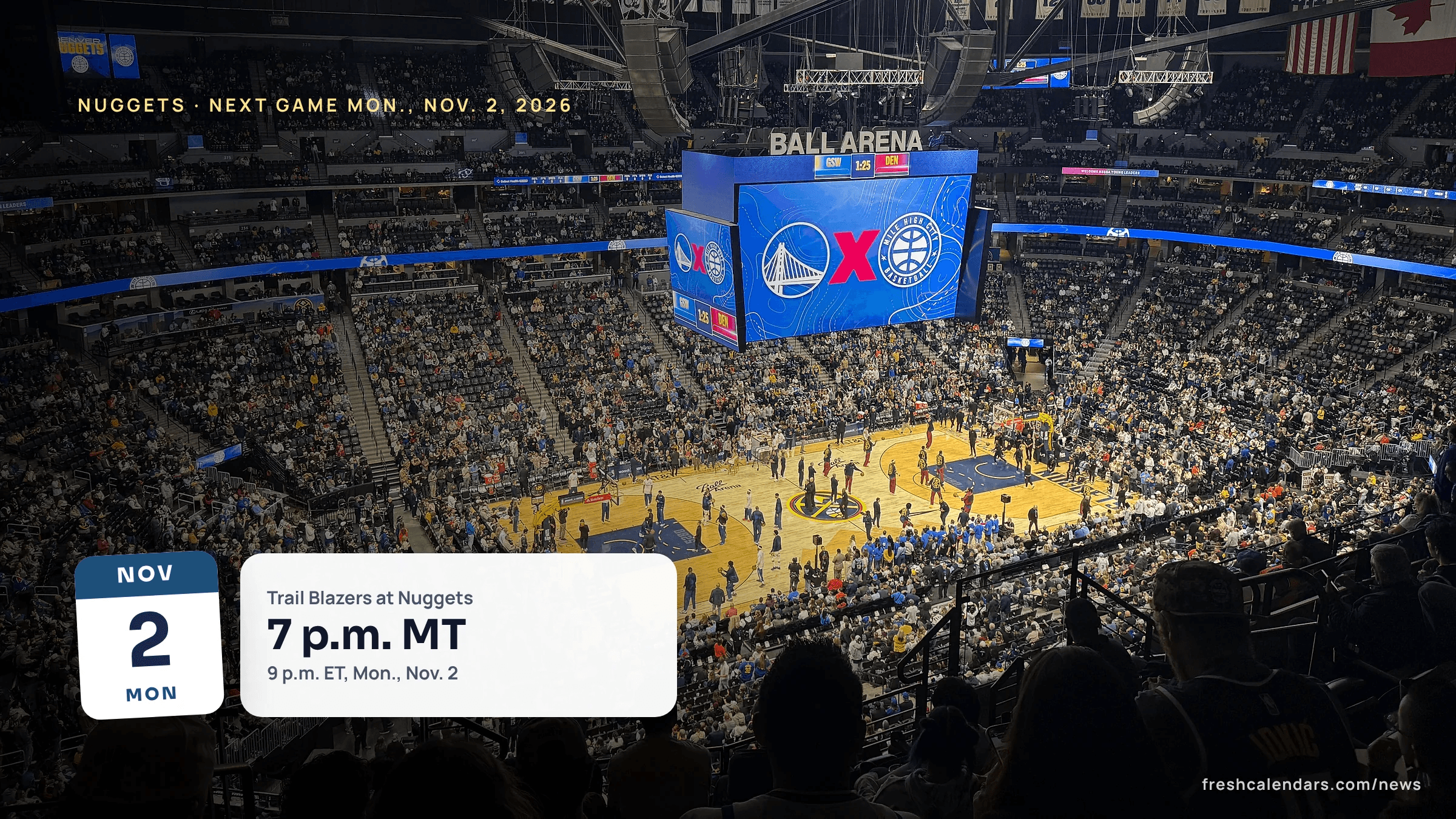 Denver Nuggets schedule November 2026: a Nuggets home game seen from the upper seats at Ball Arena in Denver