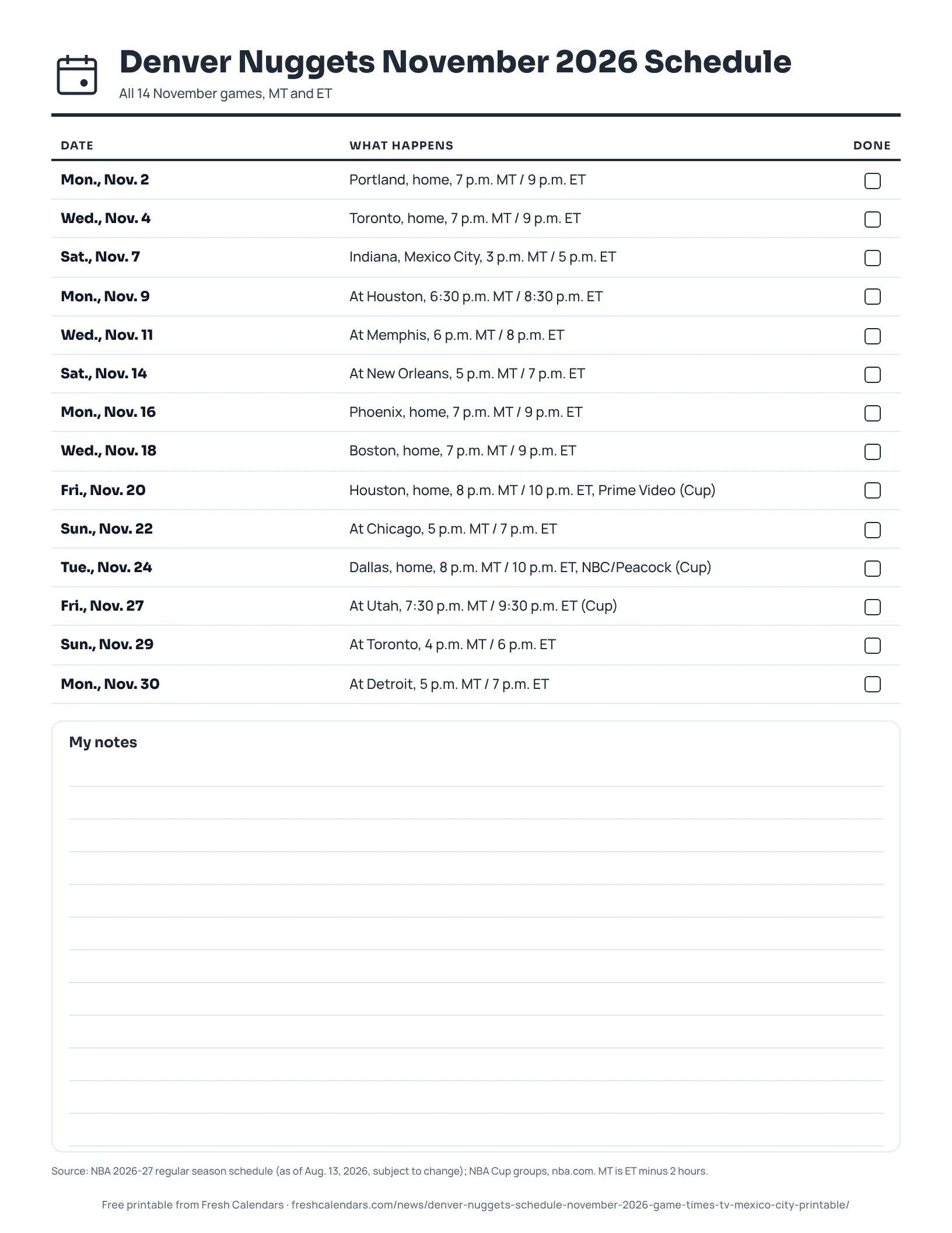 Denver Nuggets November 2026 Schedule (ink saver) Printable Denver Nuggets schedule for November 2026 listing 14 games with Mountain and Eastern Time start times, ink-saver version