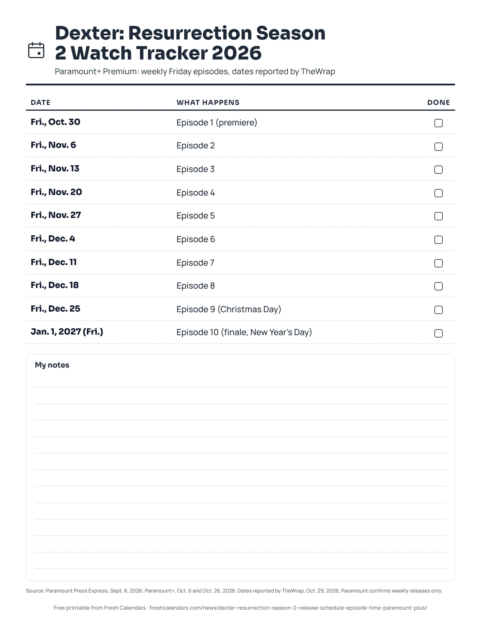 Dexter: Resurrection Season 2 watch tracker printable listing 10 reported Friday episodes from Oct. 30, 2026 to Jan. 1, 2027, ink-saver version