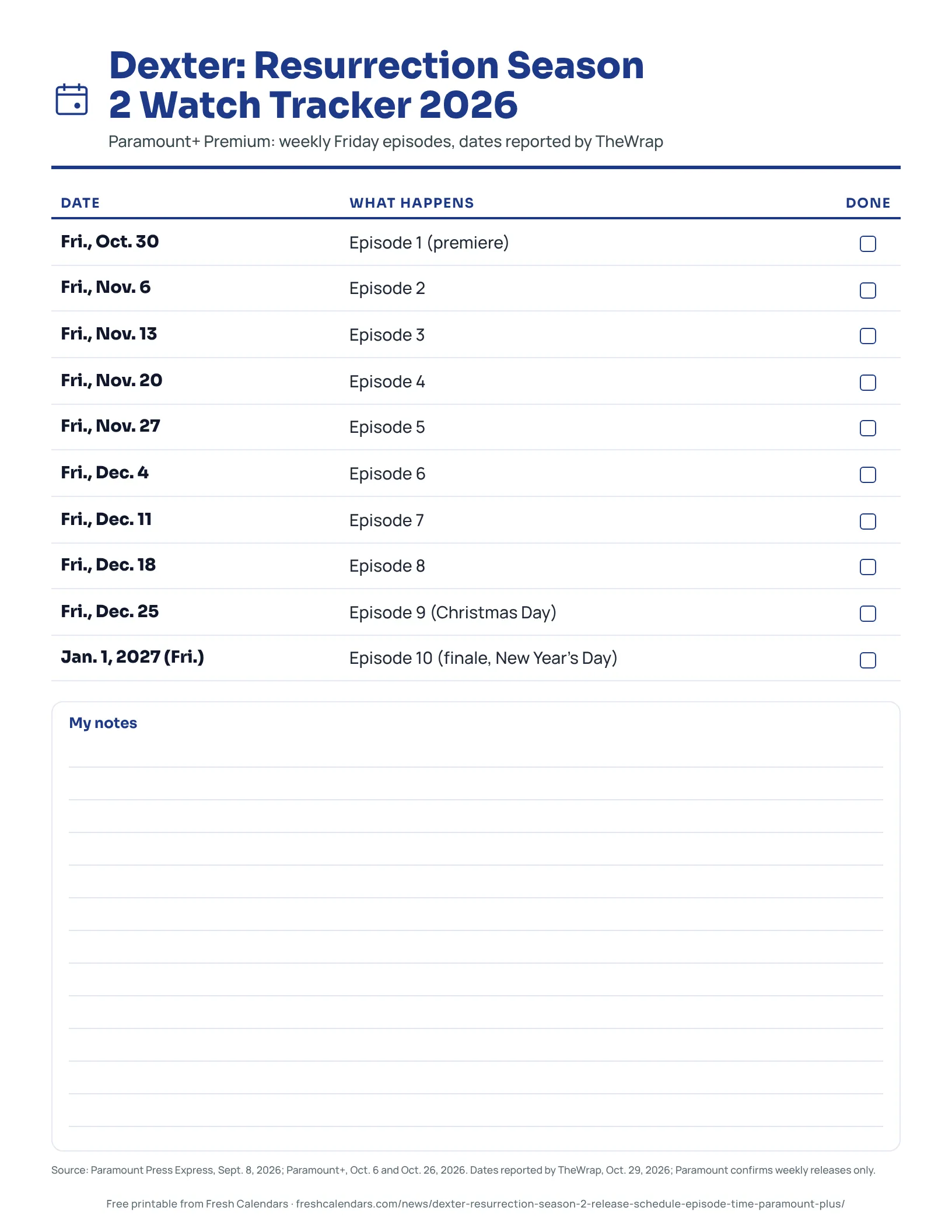 Dexter: Resurrection Season 2 watch tracker printable listing 10 reported Friday episodes from Oct. 30, 2026 to Jan. 1, 2027