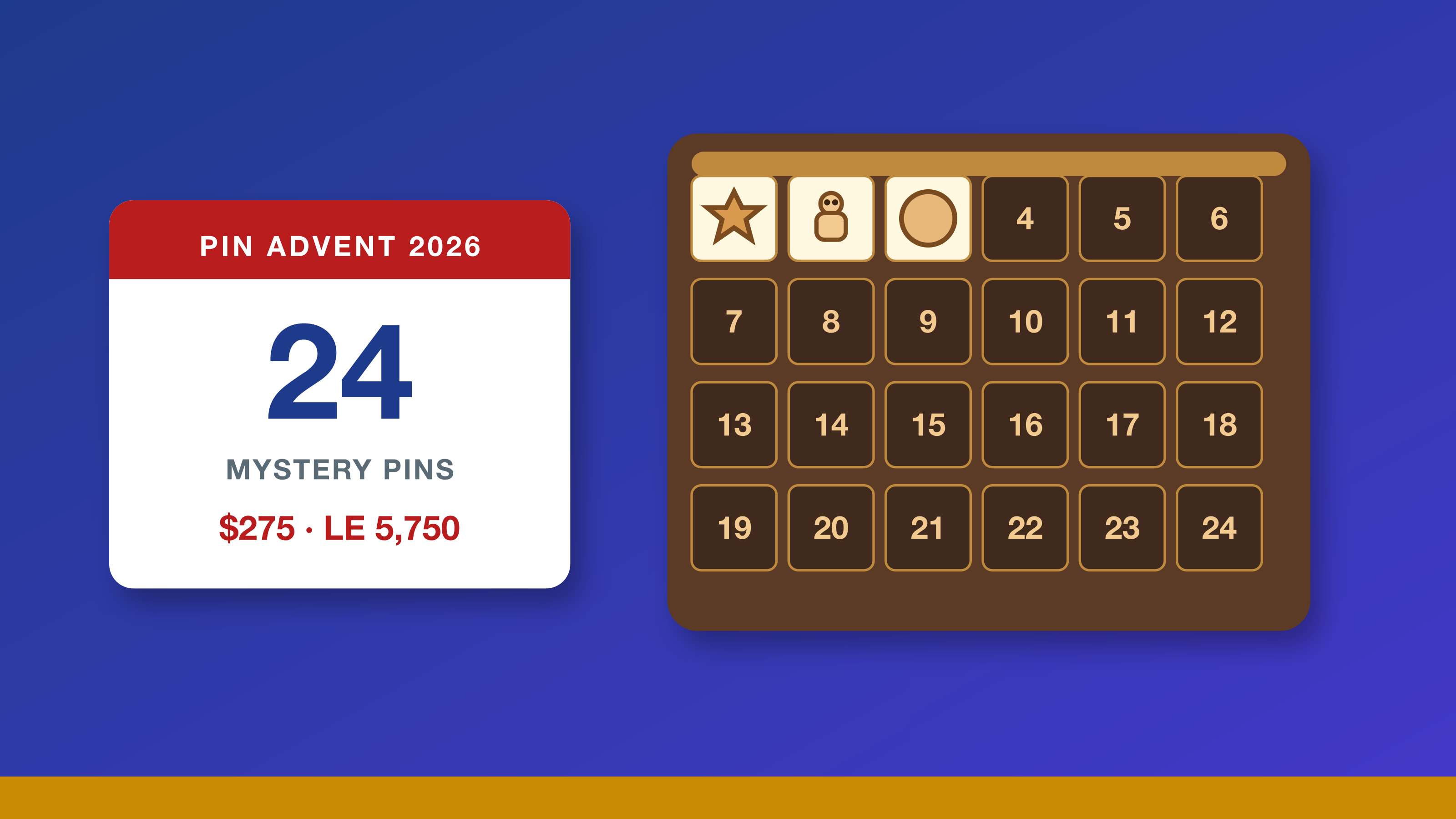 Disney pin advent calendar 2026 illustration: an oven-style box with 24 numbered compartments and cookie pins, beside a card reading 24 mystery pins, $275