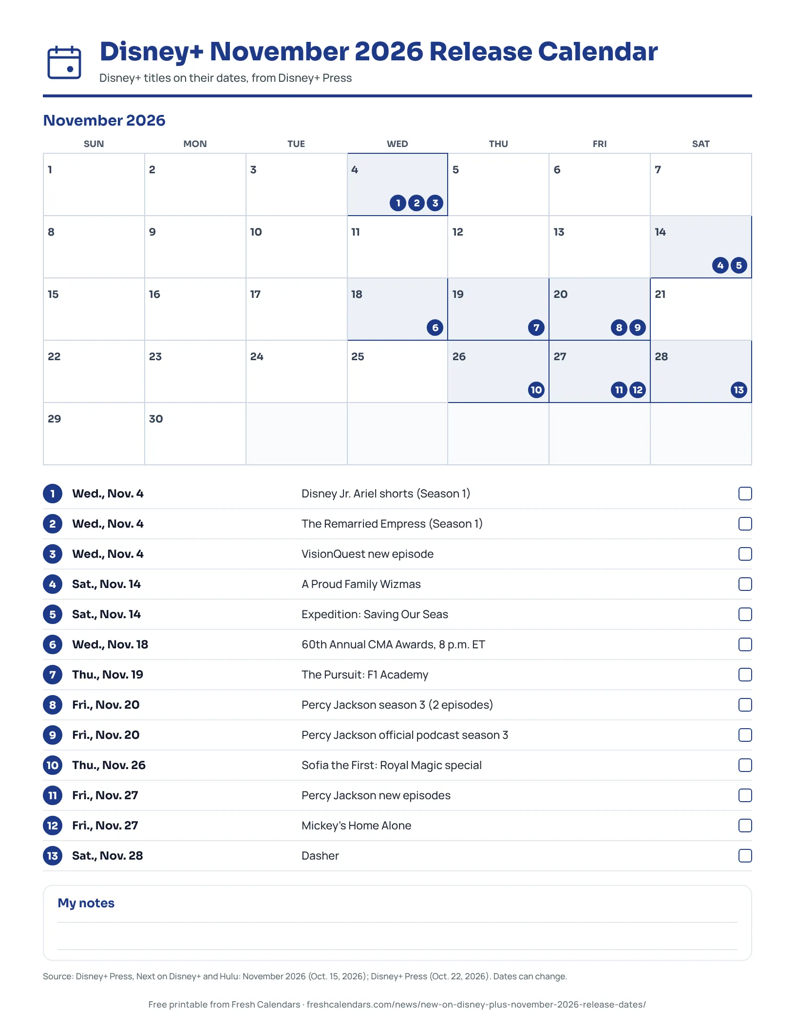 Printable Disney+ November 2026 month calendar with Disney+ titles marked on their release dates