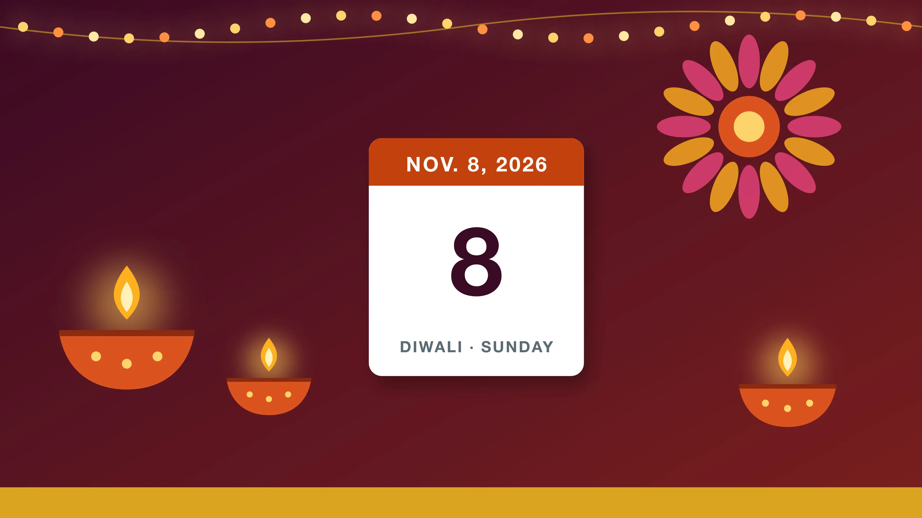 Diwali 2026 in the USA Is Sunday, Nov. 8: Countdown, Lakshmi Puja Times and the Five Days Diwali 2026: lit diyas, a rangoli flower and string lights around a calendar card reading Nov. 8, 2026, Diwali, Sunday