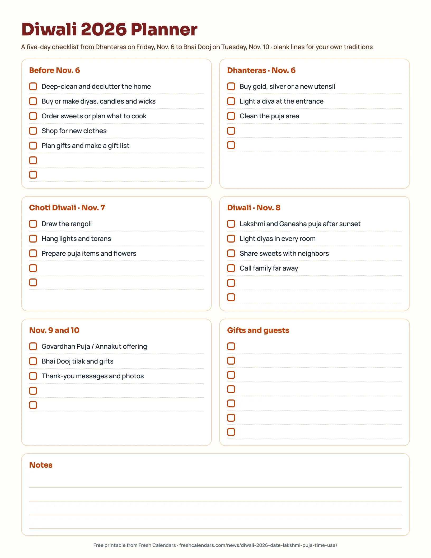 Diwali 2026 Planner Diwali 2026 planner printable with checklists for Dhanteras, Choti Diwali, Diwali, Govardhan Puja and Bhai Dooj