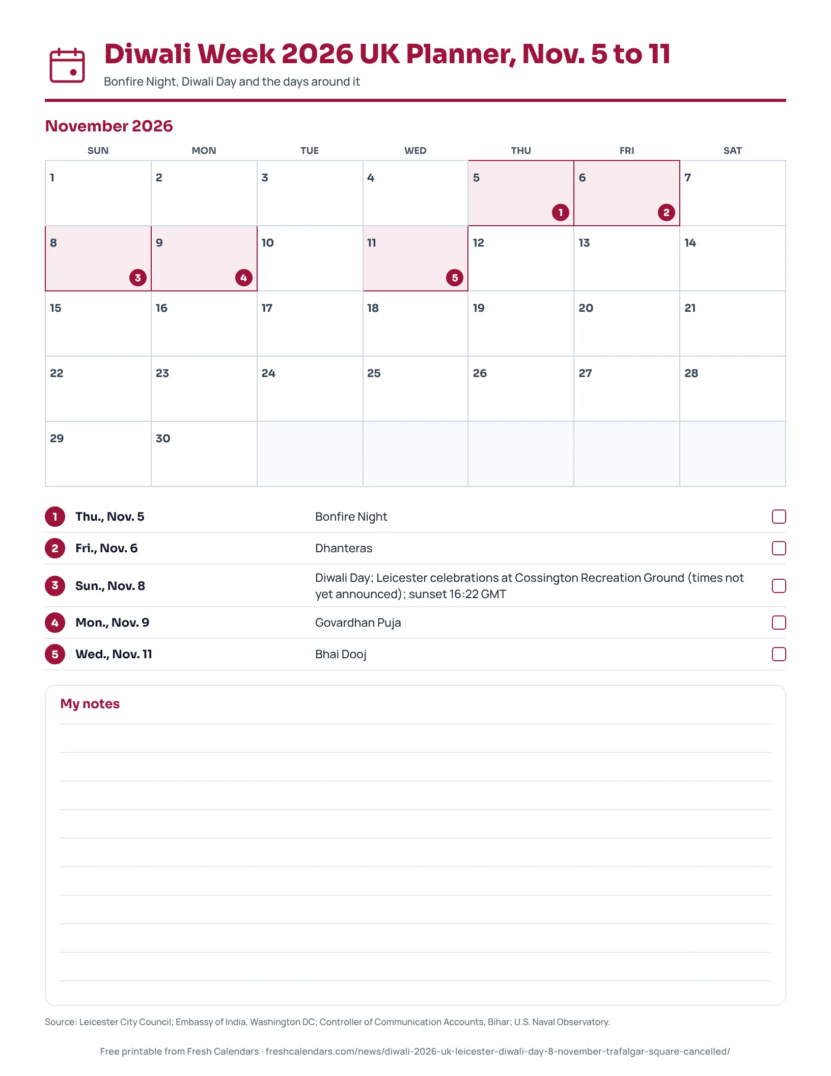 Diwali Week 2026 UK Planner, Nov. 5 to 11 Printable Diwali week 2026 UK planner with dates from Nov. 5 to Nov. 11.