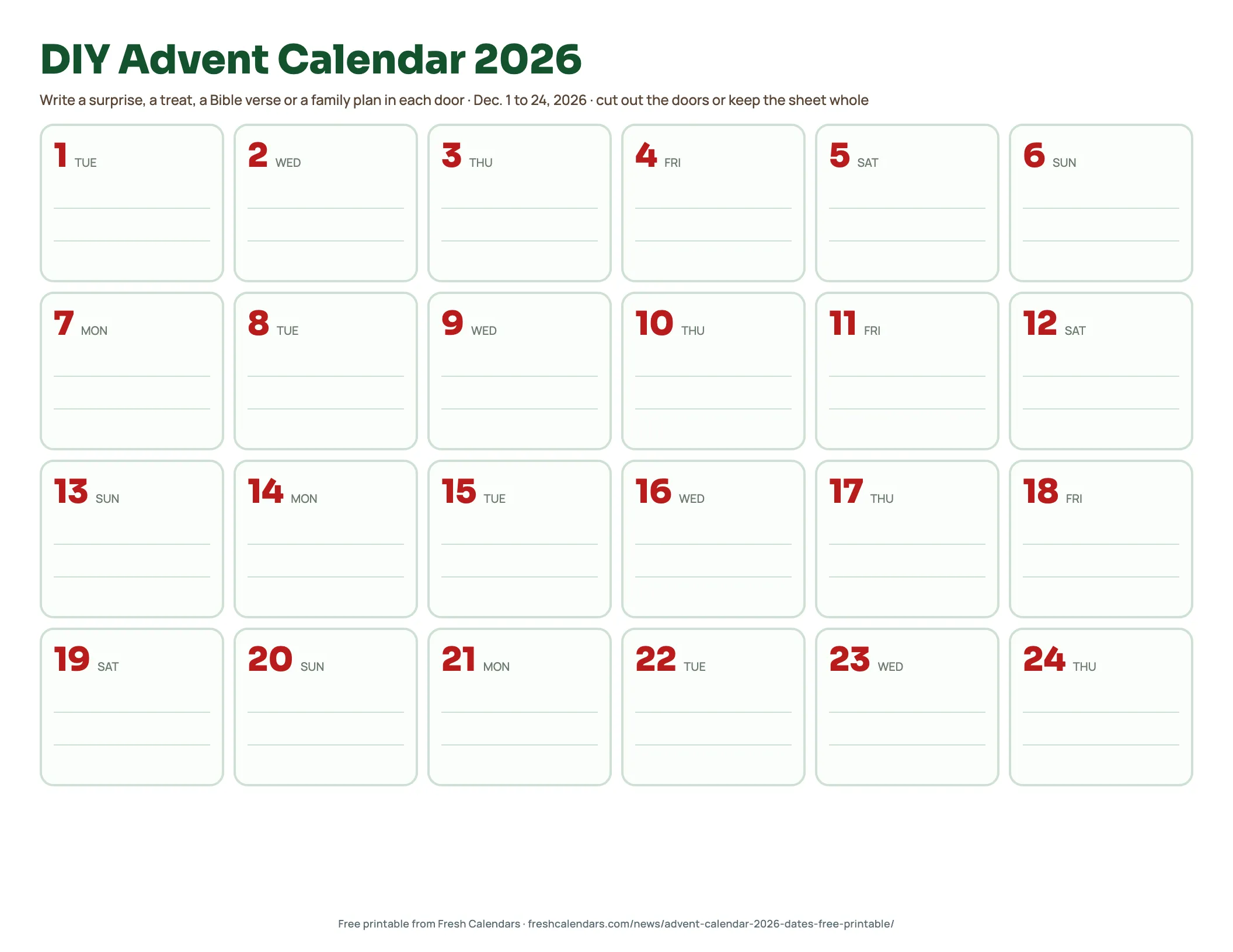 Blank DIY advent calendar 2026 printable with 24 numbered doors and lines to write your own surprises