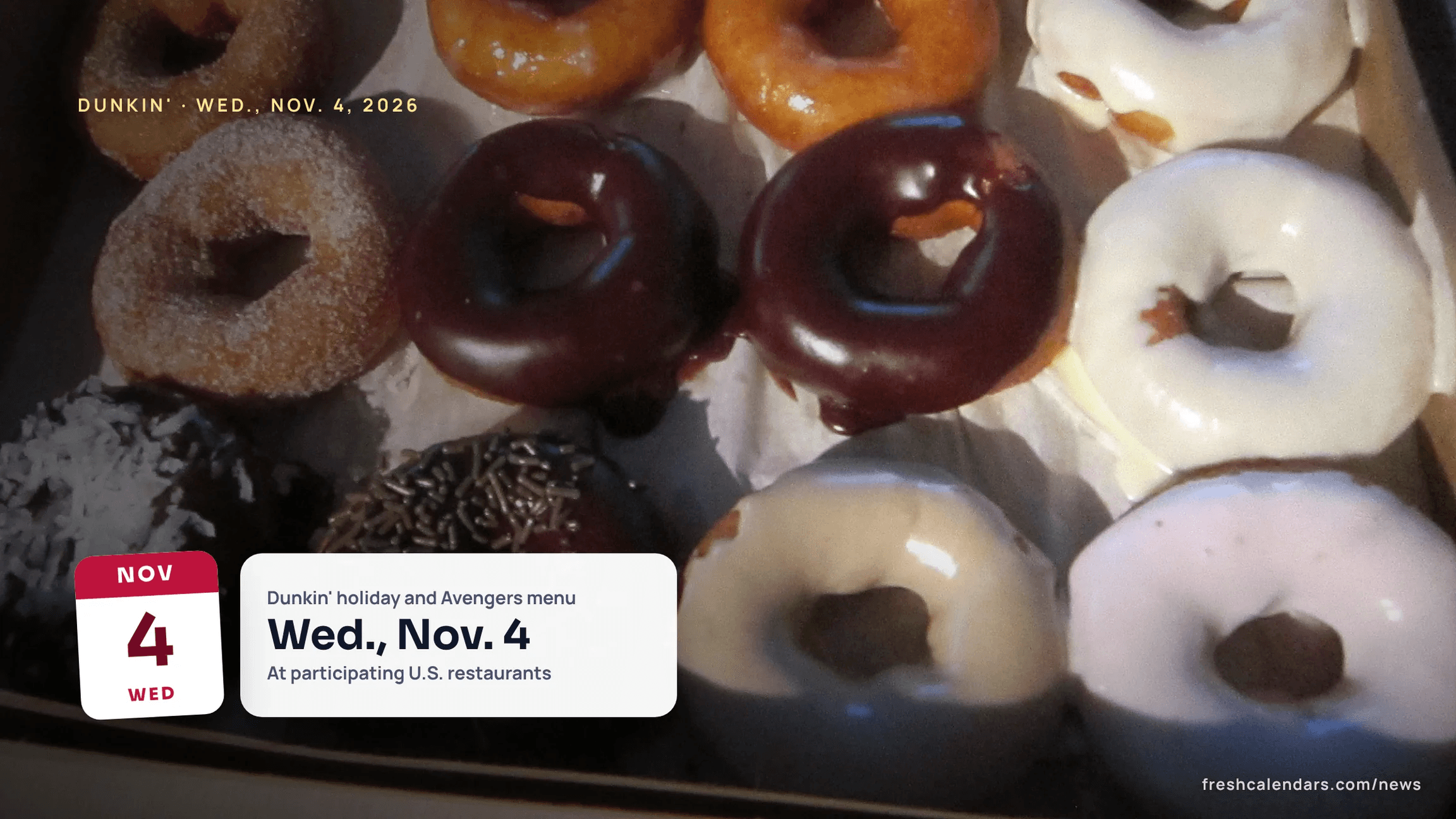 Dunkin holiday menu 2026: an assortment of frosted, glazed and sprinkled donuts in a box
