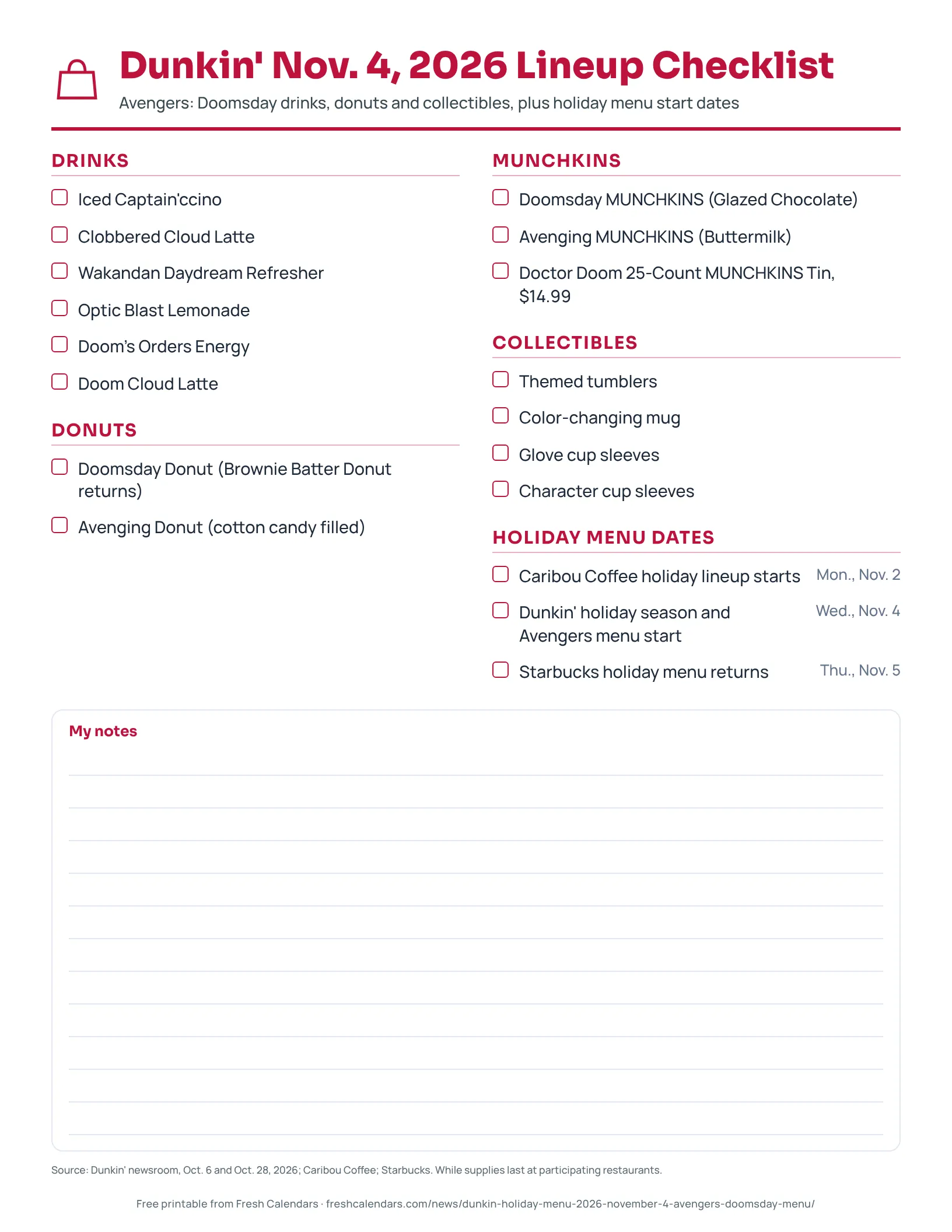 Dunkin' Nov. 4, 2026 Lineup Checklist Printable Dunkin' Nov. 4, 2026 lineup checklist with drinks, donuts, Munchkins, collectibles and holiday menu dates, each with a tick box