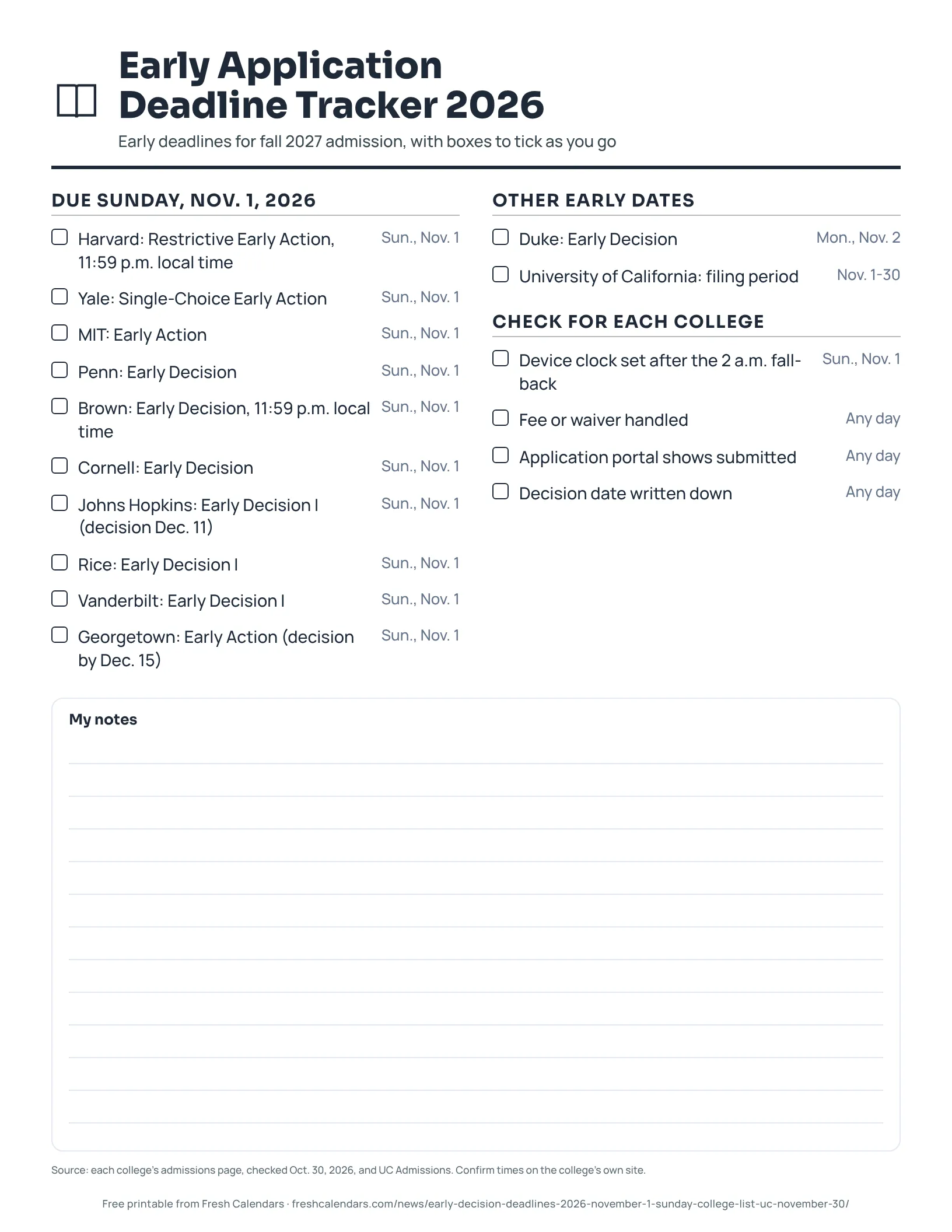 Early application deadline tracker 2026 with tick boxes for Nov. 1 deadlines, ink-saver version