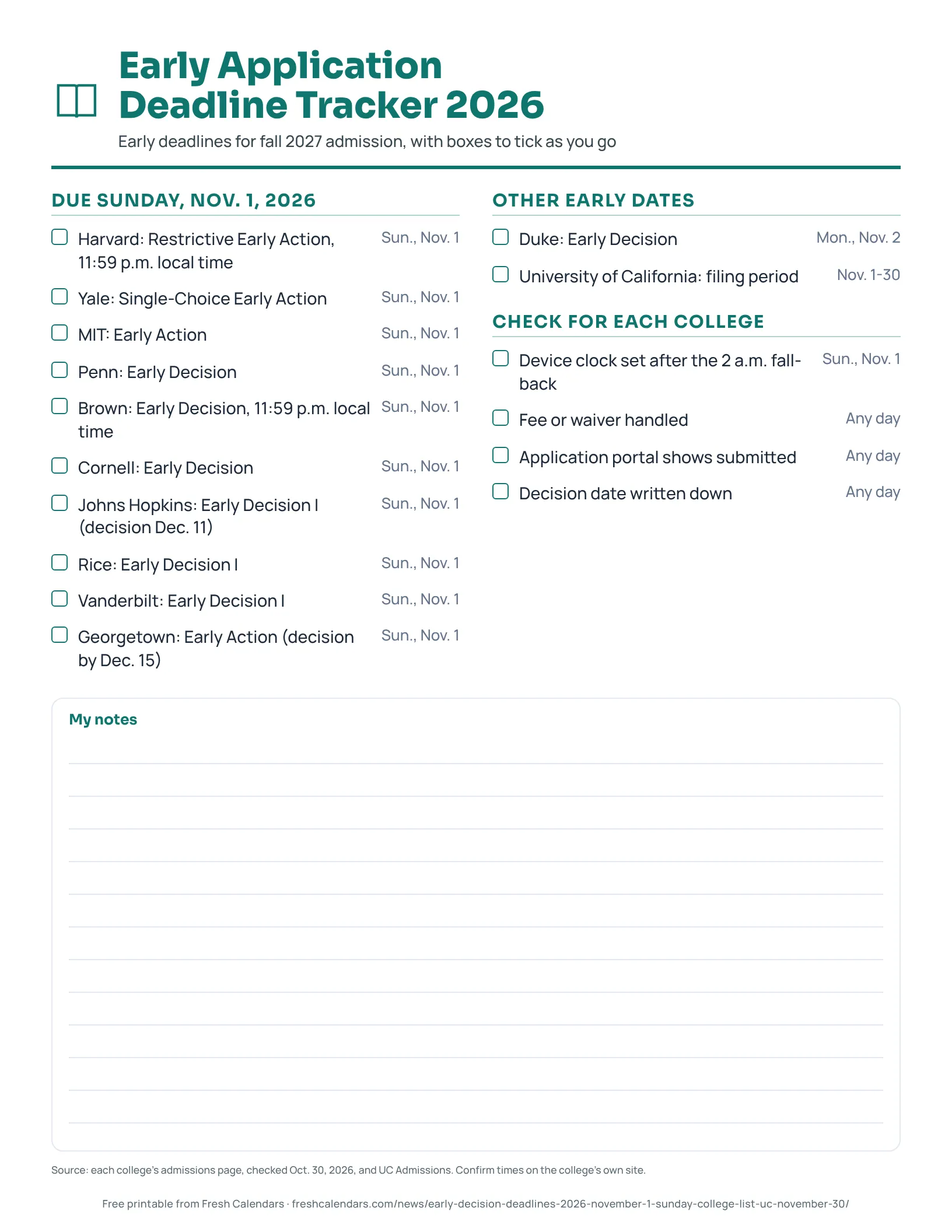 Early application deadline tracker 2026 with tick boxes for Nov. 1 deadlines