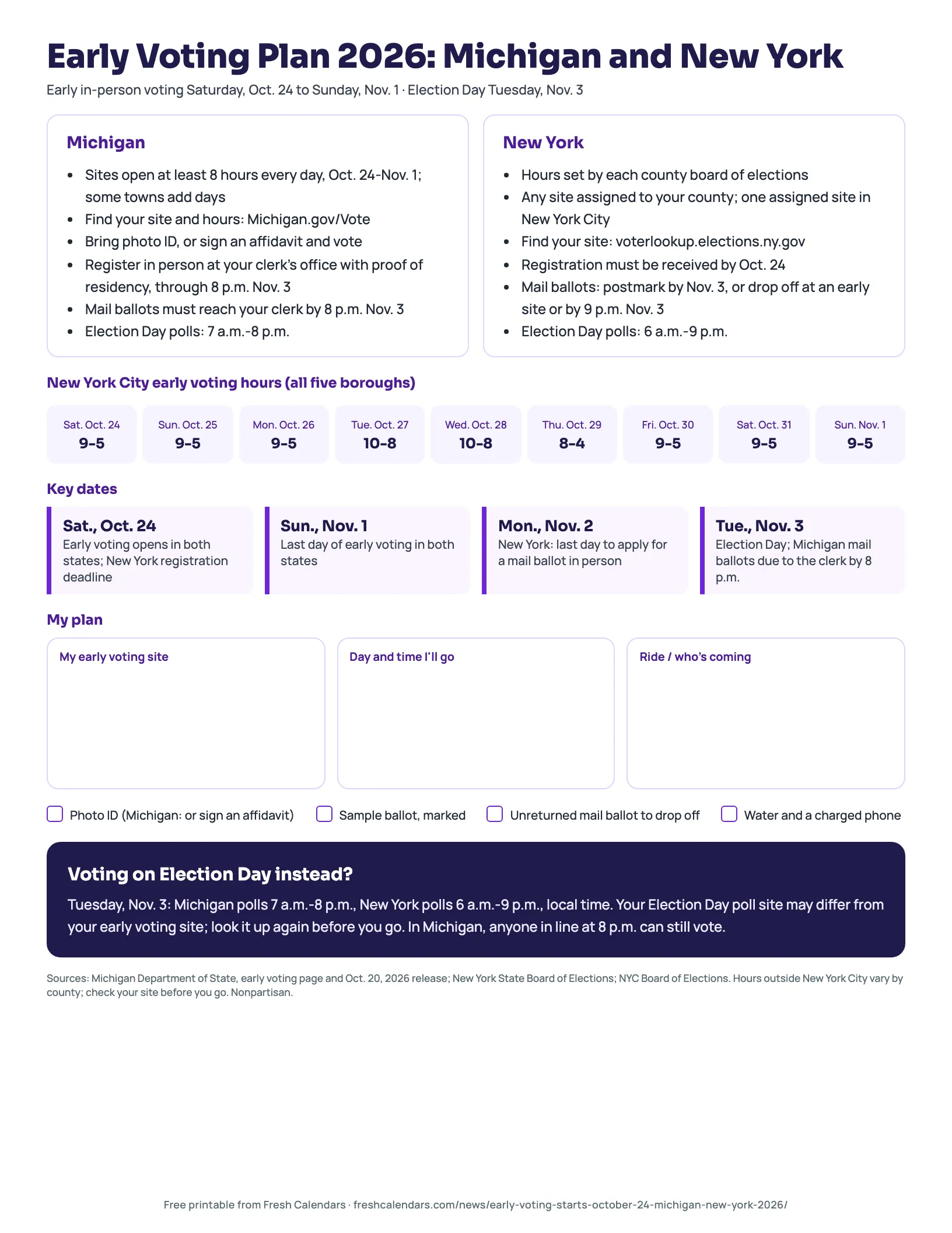 Early Voting Plan 2026: Michigan and New York Early voting plan 2026 printable for Michigan and New York with dates, NYC hours and boxes for your site and time